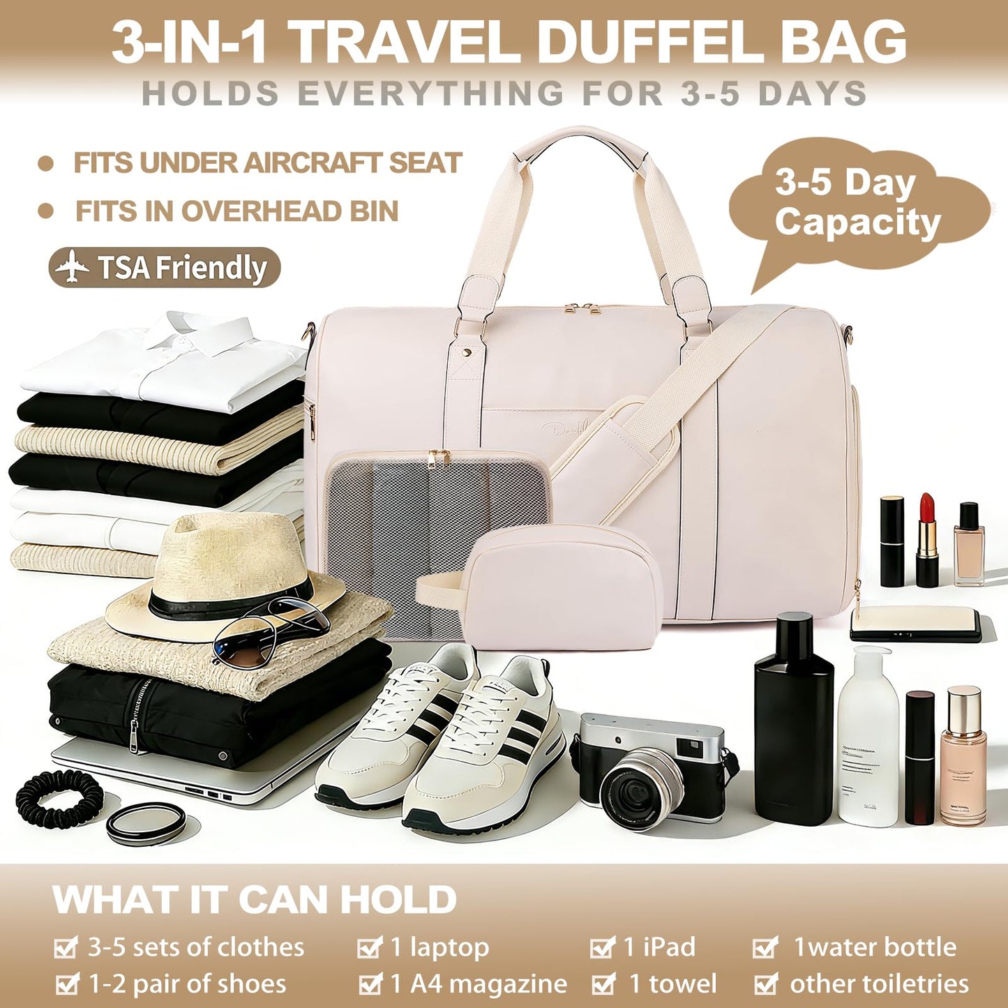 Large 4-in-1 Leather Duffle Bag for Travel Weekender Overnight Hospital Gym Bag for Men & Women, Carry On Airline Approved Personal Item Duffel Garment Bag Luggage with Shoe Compartment & Toiletry Bag BST326H