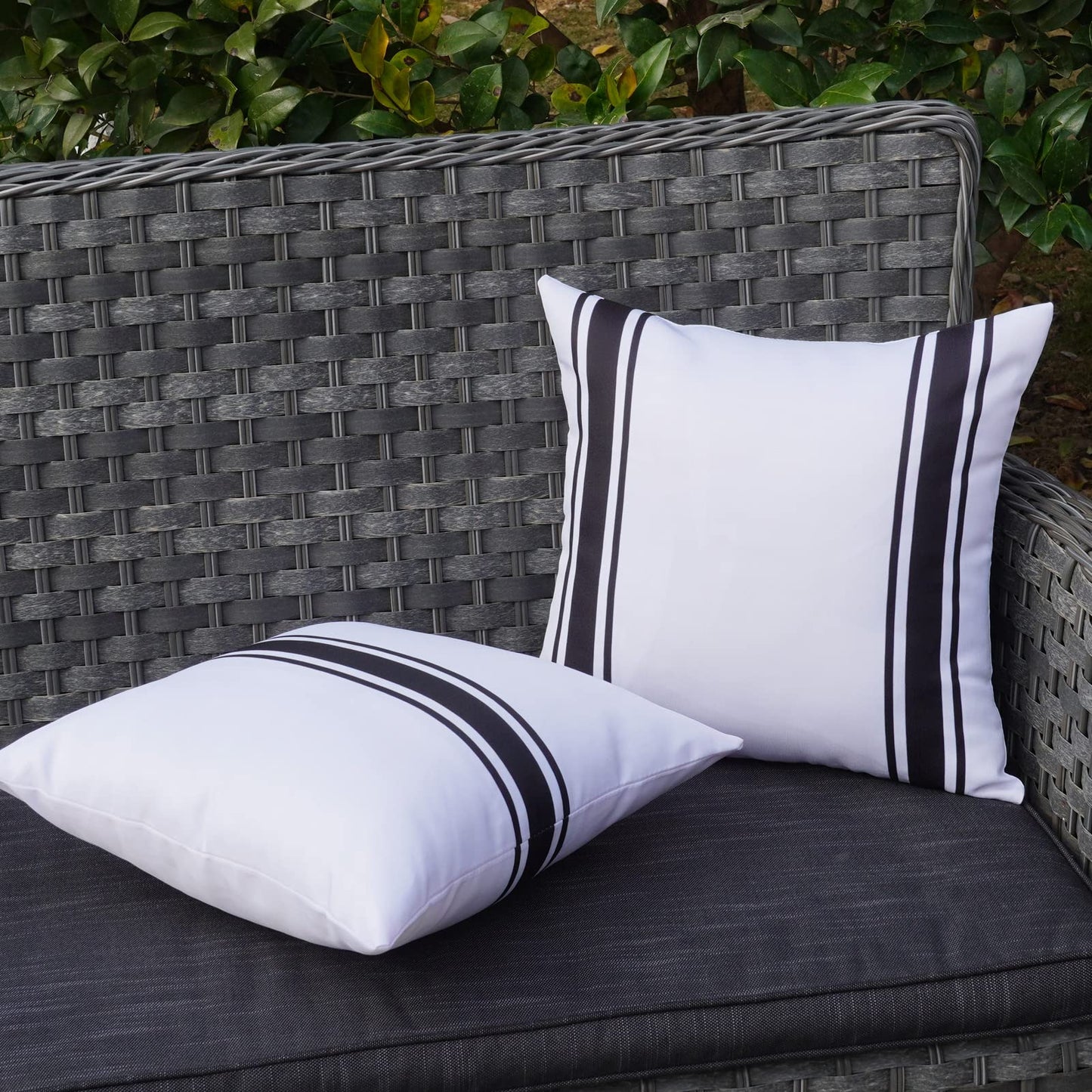 ONWAY Outdoor Pillow Covers Waterproof 18x18 Set of 2 Decorative Linen Throw Pillow Cover Beige and Black Striped Outdoor Pillows for Patio Furniture BST220