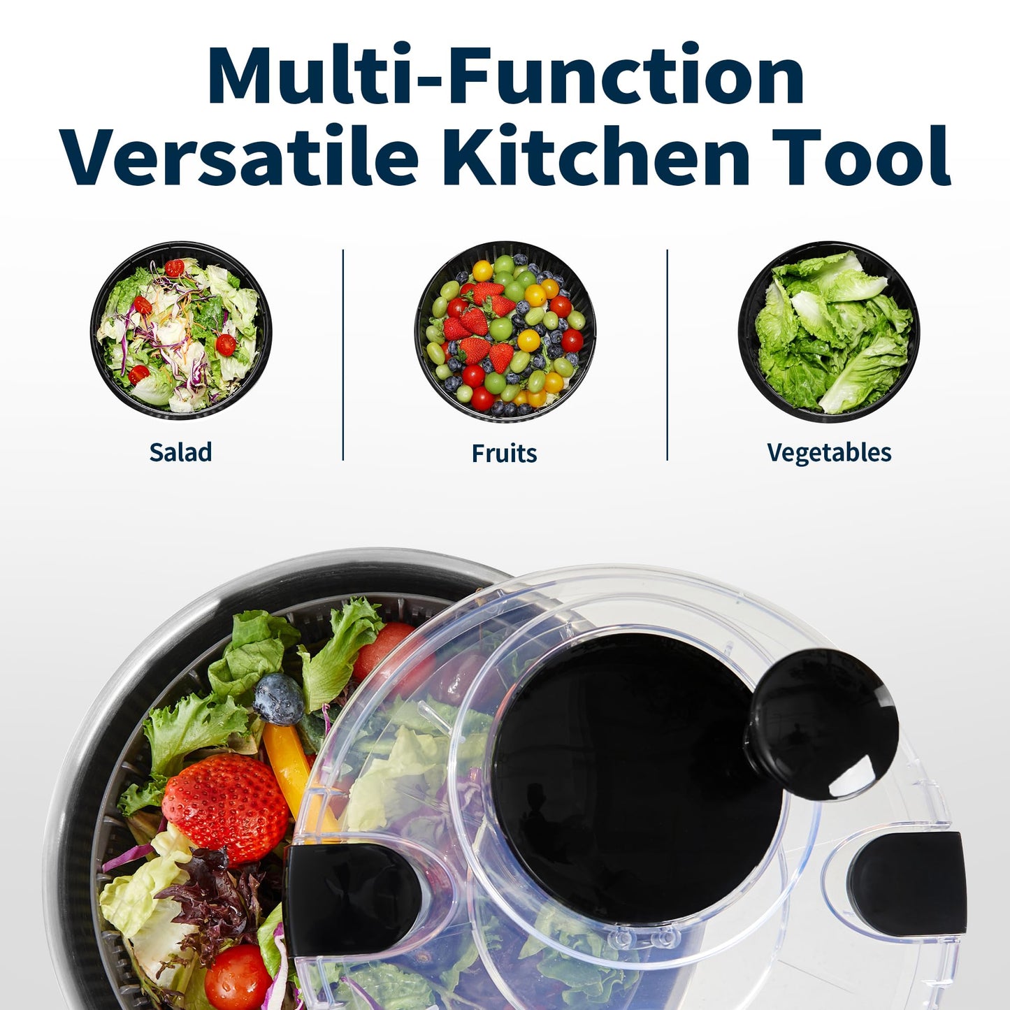 Stainless Steel Salad Spinner, 4.8 Qt Vegetable Washer, BPA-Free Lettuce Dryer with Crank Design, Easy Clean, Non-Slip Base - Transparent Lid BST220