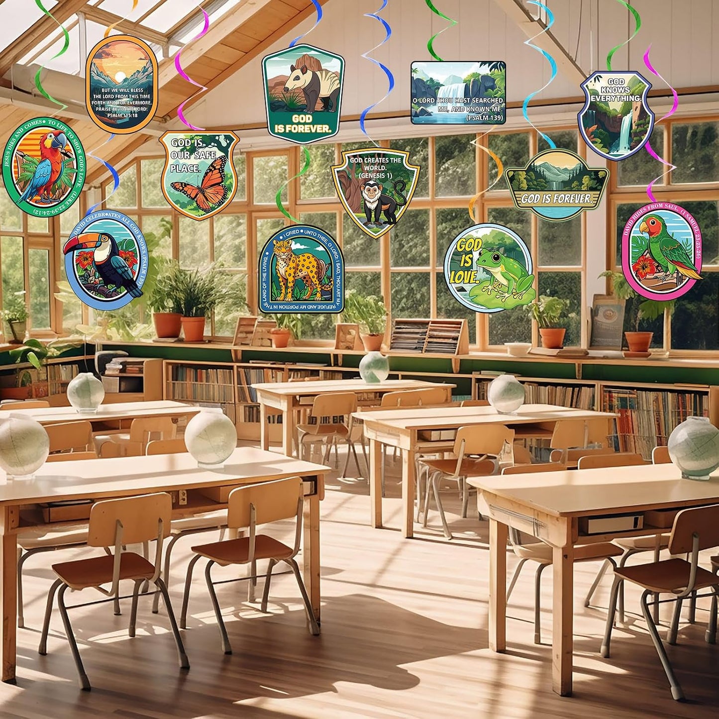 60 Pcs Vacation Bible School 2026 Party Decorations Rainforest Falls Hanging Swirl Vacation Bible School Rainforest Animal Ceiling Streamers Christian Verse Hanging Decor for Religious Classroom Decor BST202
