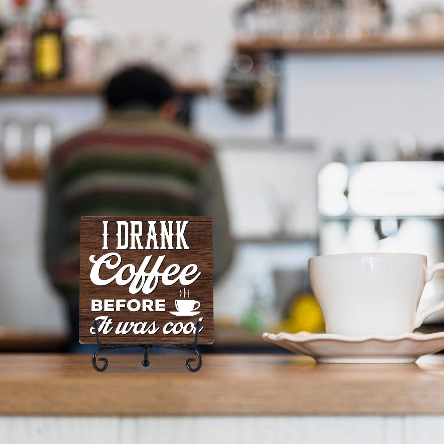 Coffee Bar Decor, Farmhouse Kitchen Table Decor, Coffee Station Accessories, Wooden Decorative Sign with Iron Stand for Table Desk Shelf Display-E21 BST220