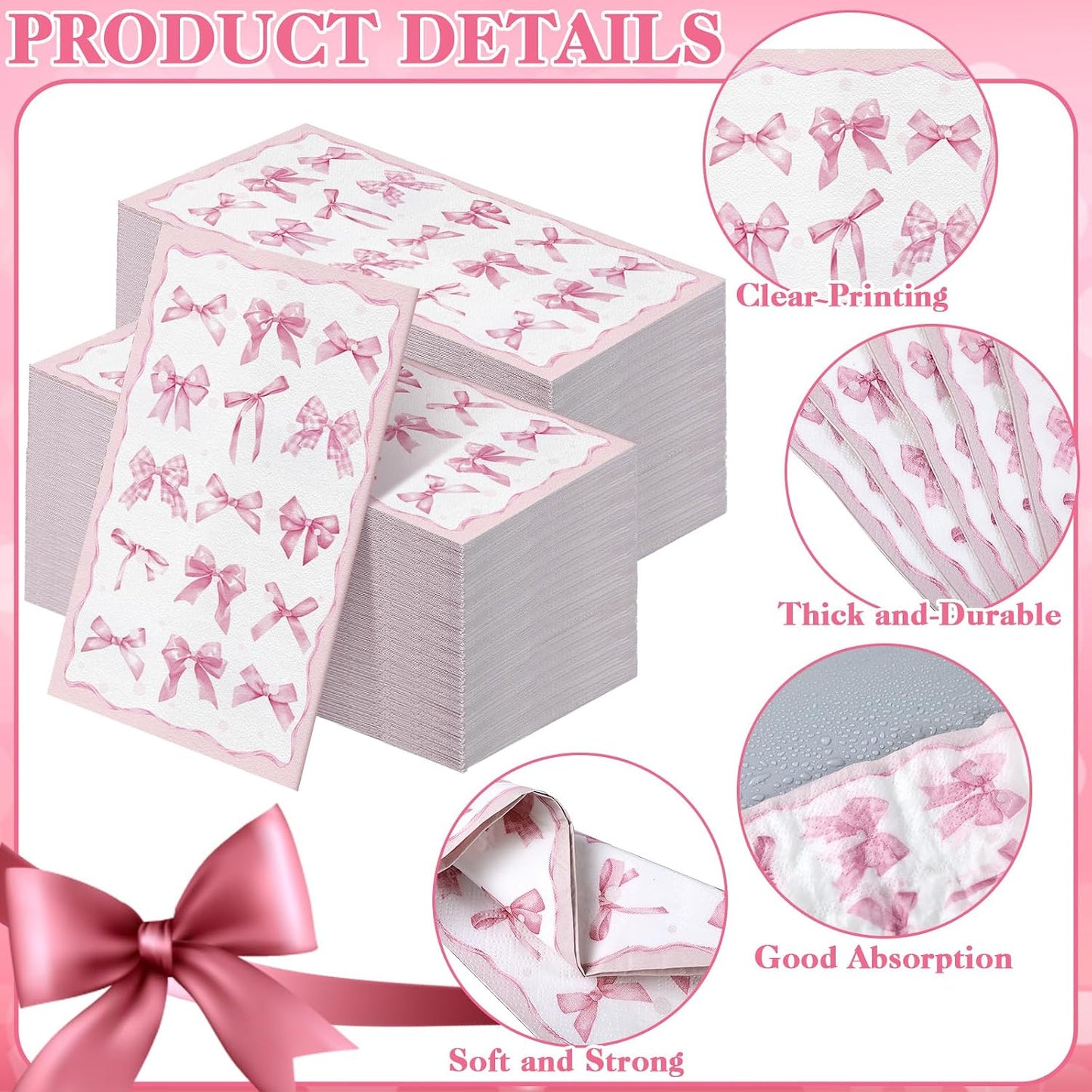 200 Pcs Pink Bow Napkins 3 Ply Coquette Bow Disposable Napkins Valentine's Day Paper Hand Towels Party Gifts Bulk for Bridal Shower Bachelorette Tea Party Birthday Decor(Classic Style) BST202