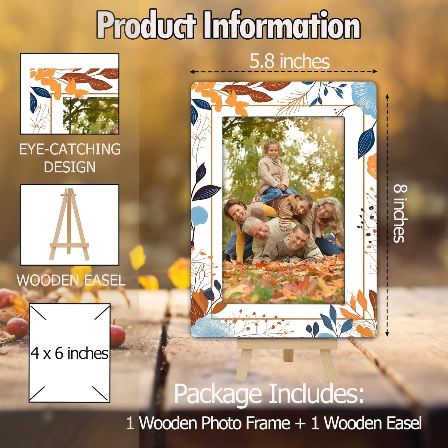 Fall Orange Picture Frames, Autumn Harvest Wooden 4x6 Photo Frame with Easel, Thanksgiving Gifts for Home Office Tabletop Display Decorations - D02 BST326L