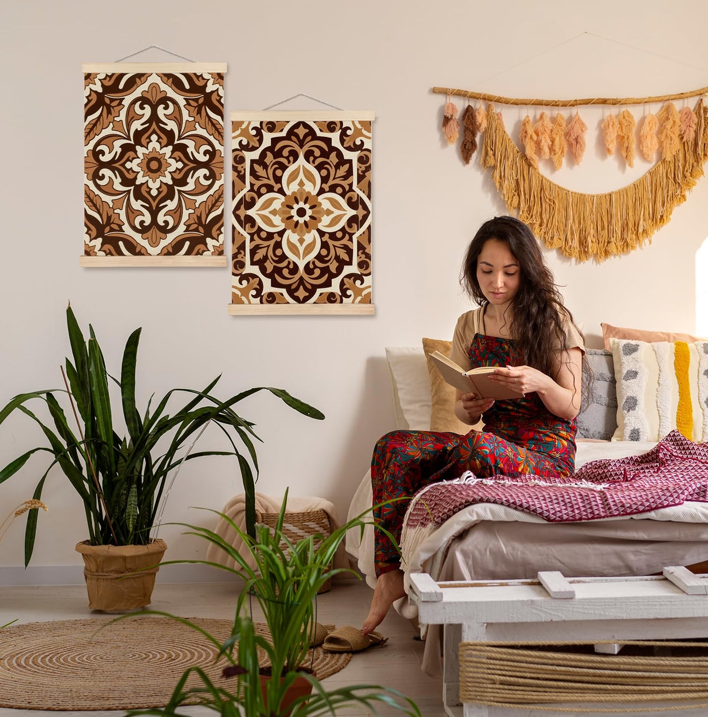 SPBL&L Green Boho Floral Mexican Wall Art, Abstract Flower Poster Hanger Frame, Burnt Orange Terracotta Botanical Hanging Canvas Pictures Prints Wall Decor for Home Bedroom, 12x16 Inch Set of 2 BST202