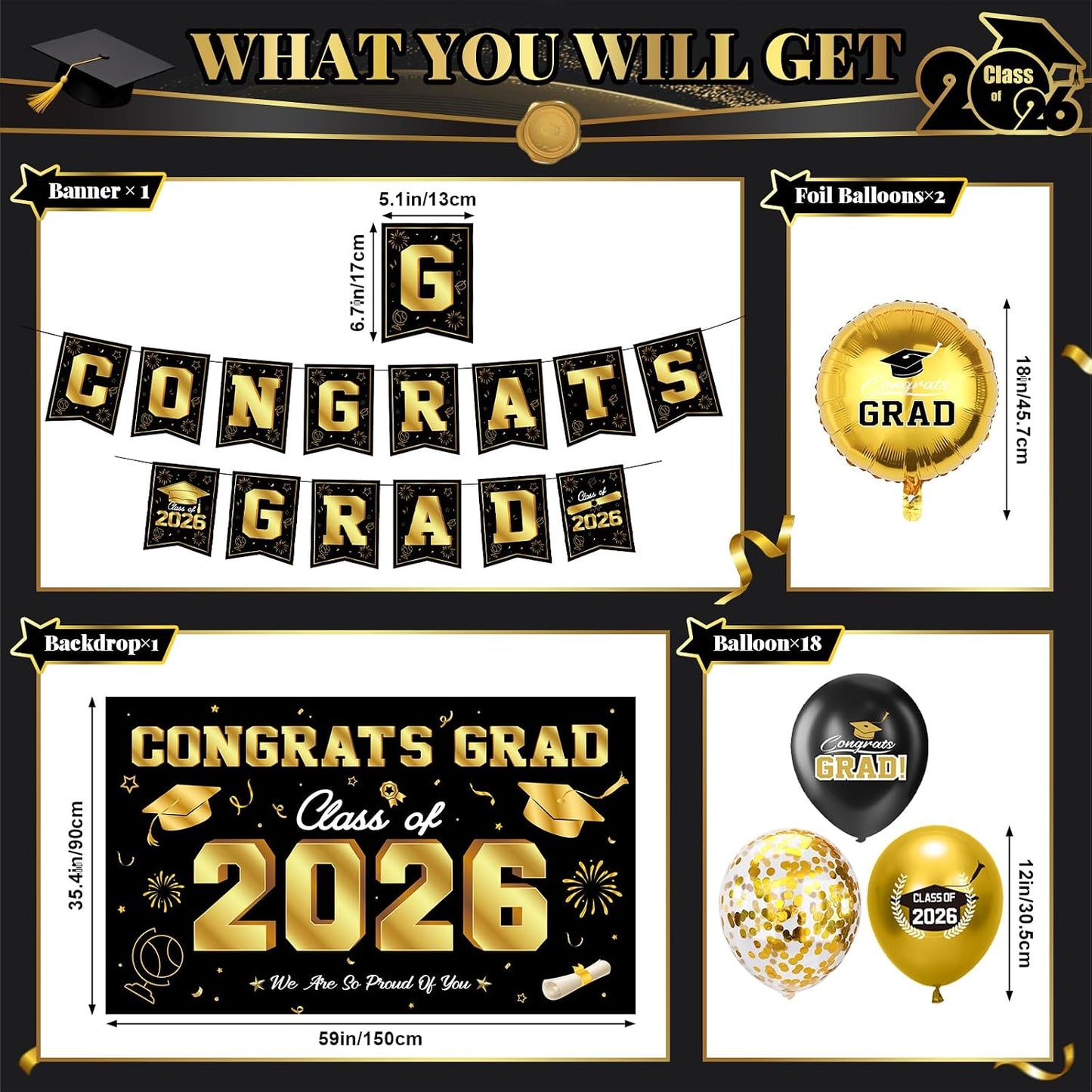 Graduation Decorations 2026-Black and Gold Graduation Party Decorations Supplies Class of 2026 with Graduation Banner, Backdrop, Balloons, Centerpieces, Hanging Swirl for Grad Party BST326H