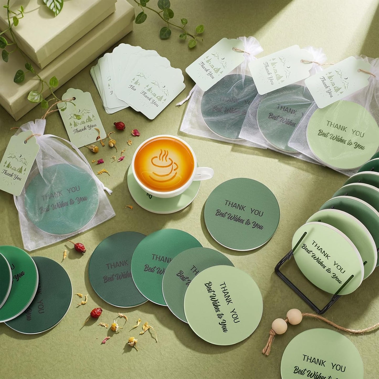 Zhehao 24 Pcs Sage Green Thank You Gift Set, Bulk Ceramic Coasters with Cards and Organza Bags for Employee Appreciation, Teacher Appreciation Gifts, Wedding Favors, Baby Shower, Church Party Favors BST326L
