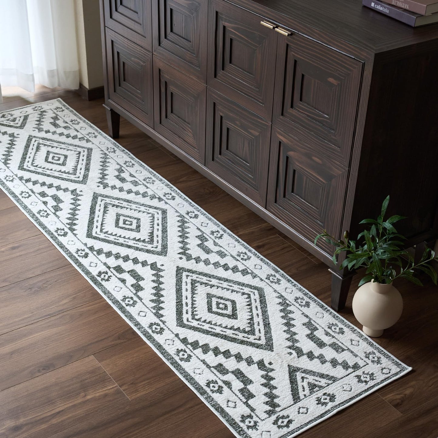 Moroccan Washable Area Rug 3x5, Geometric Tribal Decorative Woven Rug, Non-Slip Boho Farmhouse Soft Low-Pile Area Rug for Living Room Bedroom Nursery Dining Table, Dark Brown/White BST326H