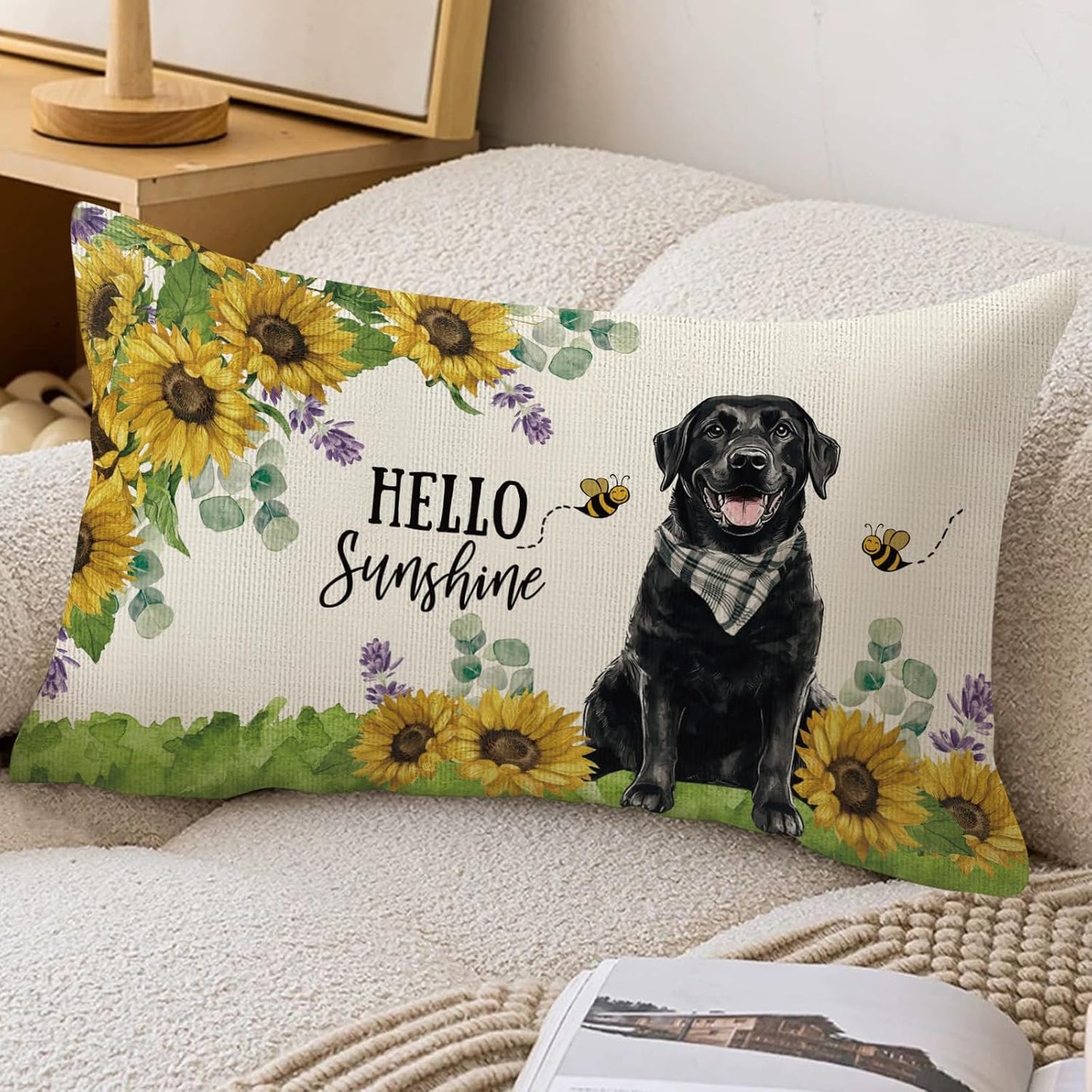 Sunflower Black Labrador Dog Lumbar Throw Pillow Cover 12x20 Inch Summer Cushion Case Decoration for Sofa Couch BST202