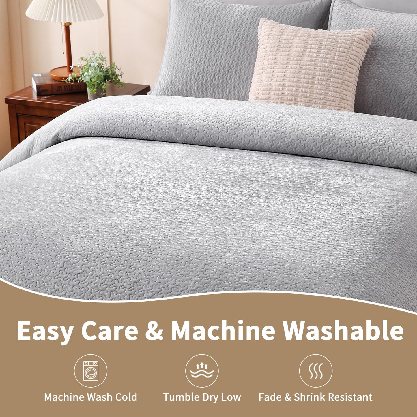 Velvet Quilt Set Queen Size - 3-Piece Lightweight Bedding, Soft Velvet Comforter, Oversized Bedspread Coverlet for All Season, Soft Gray BST326H