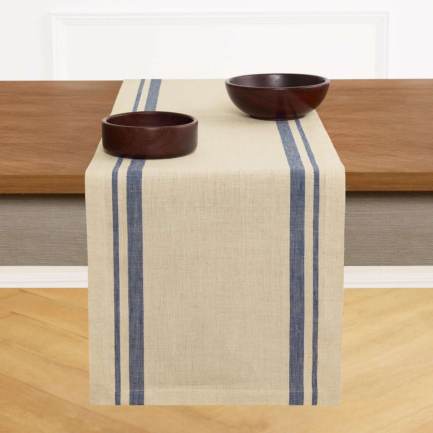 Solino Home 100% Pure Linen Table Runner, 14 x 60 in, Black, French Stripe | Table Runners for dining, hallway and console tables | woven stripe, mitered corners | Black and White | OEKO-TEX Certified BST326SOLH