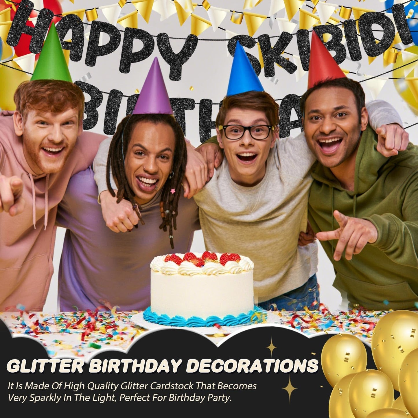 Fulmoon Pre Strung Happy Skibidi Birthday Sigma Banner Glitter Funny Zoomer Gen Z Slang Birthday Party Supplies Gen Z Slag Party Decorations Sign Gift(Champagne Gold) WN420
