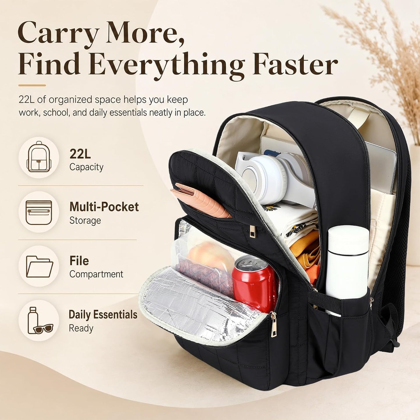 CAMTOP College Backpacks for Women, School Backpack with Insulated Lunch Pocket BST326H