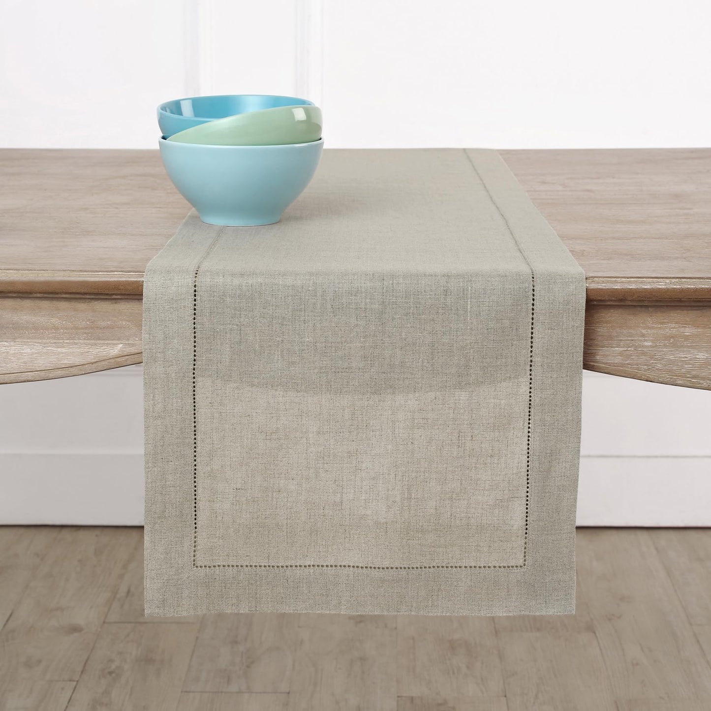 Solino Home 100% Pure Linen Table Runner Garden Green Hemstitch, 14 x 48 in | Classic Hemstitch Table Runners for dining, hallway and console table styling | hand hemstitched borders | OEKO-TEX Certified BST326SOLH