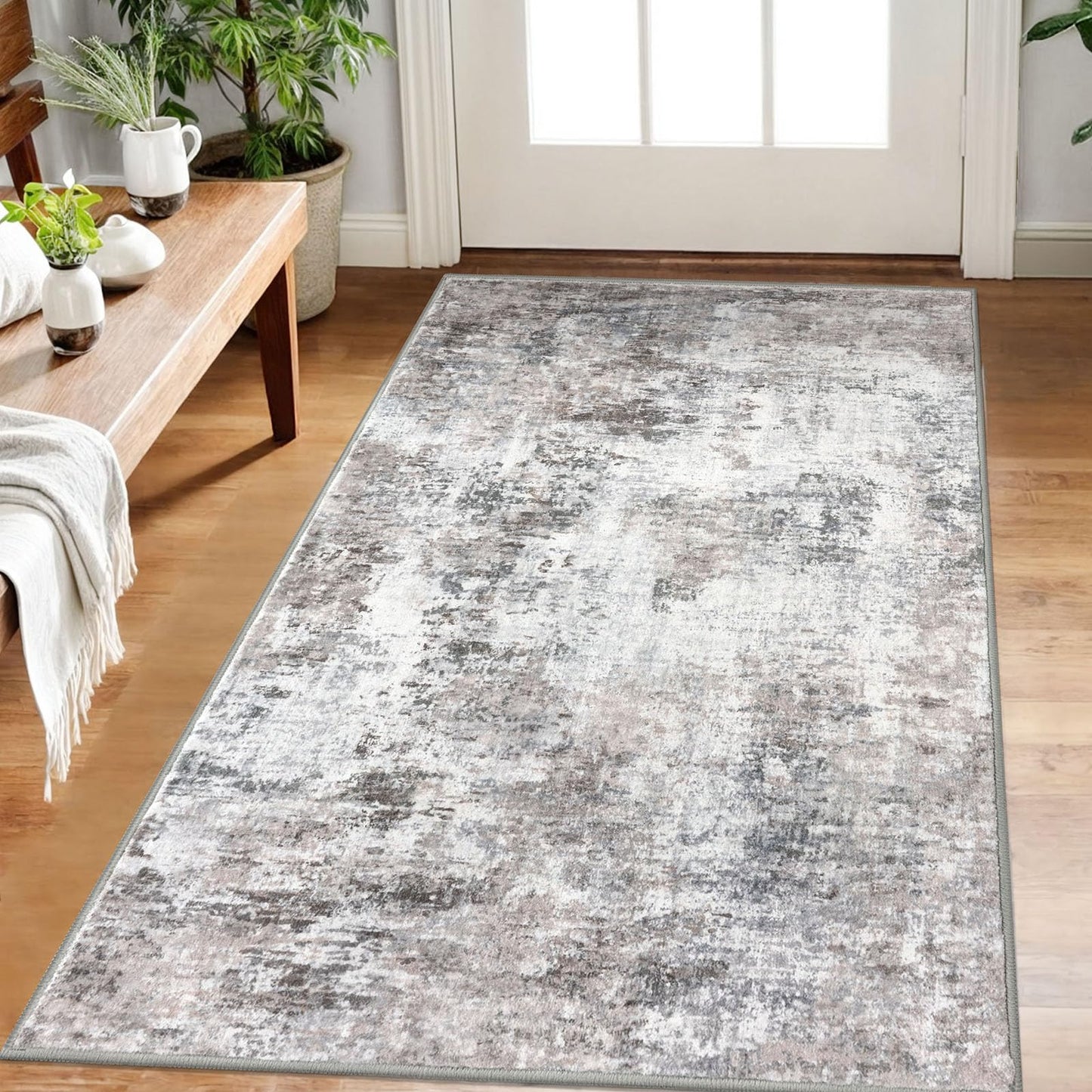 Lansny Modern Abstract Runner - 2x5, Beige Grey Washable Kitchen Entryway Rug Mat Non-Slip Soft Neutral Hallway Rug Thin Print Faux Wool Carpet for Bedroom Laundry Room Indoor BST220