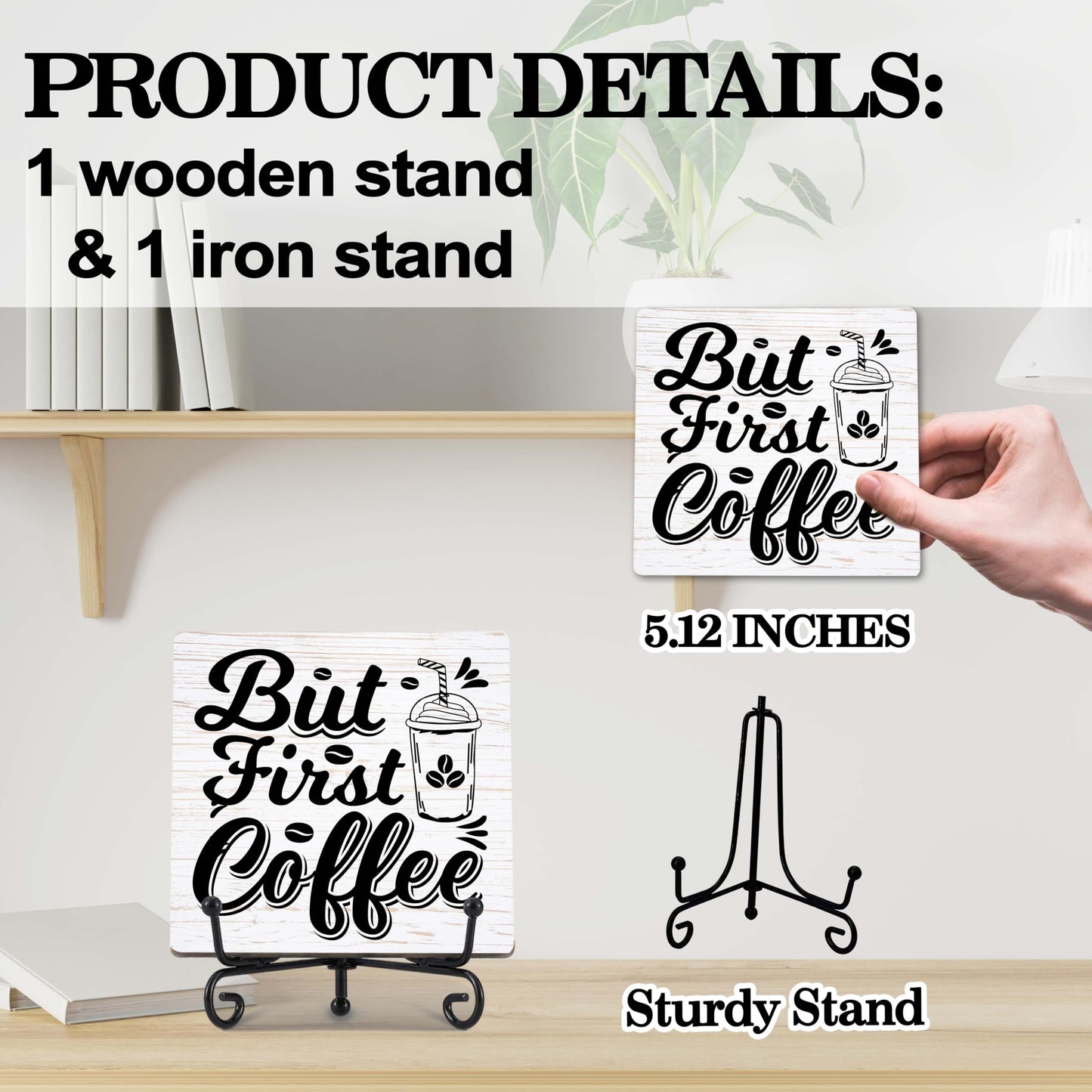 Coffee Bar Decor, Farmhouse Kitchen Table Decor, Coffee Station Accessories, Wooden Decorative Sign with Iron Stand for Table Desk Shelf Display-E21 BST220