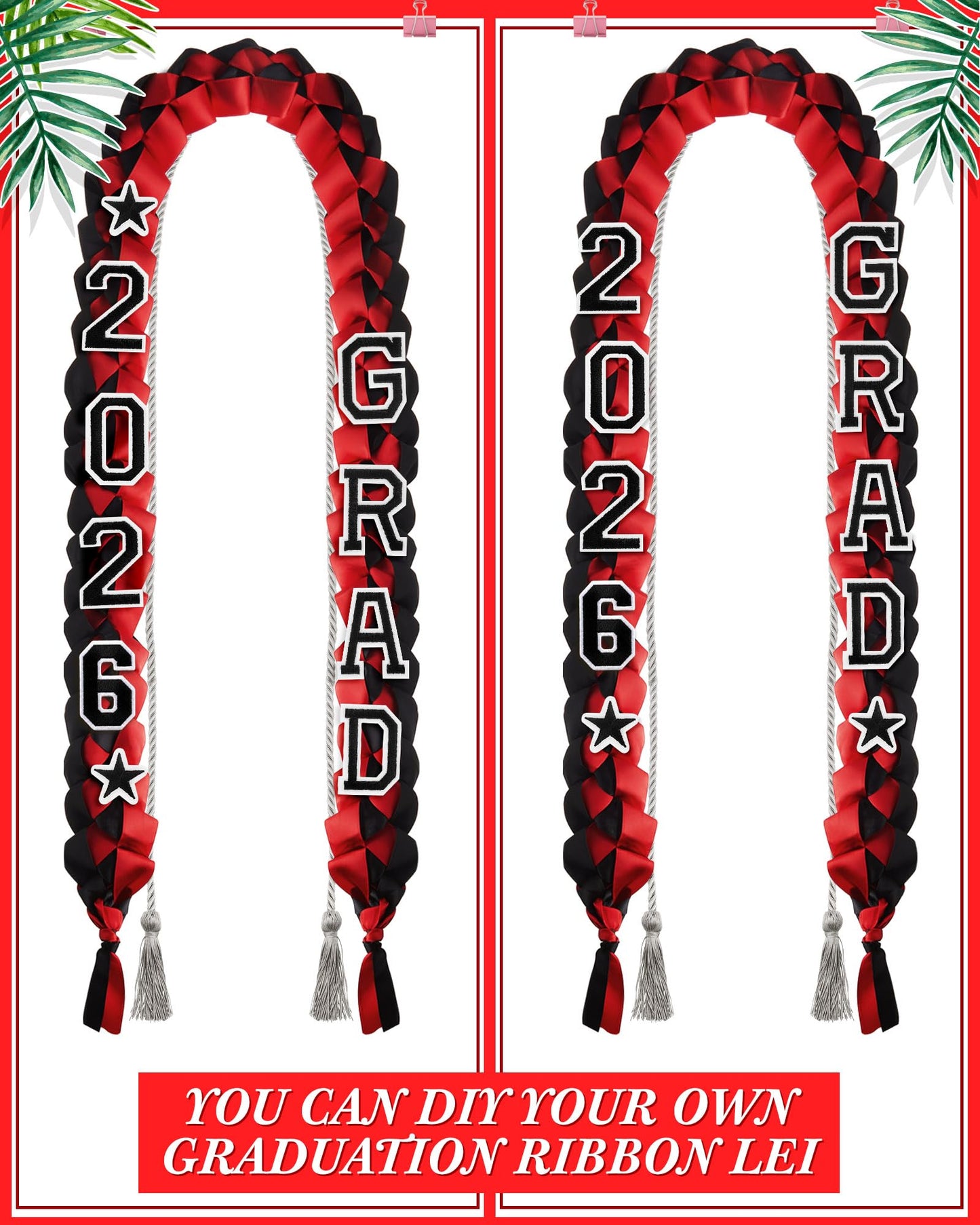 Cindeer 2026 Graduation Ribbon Lei Set Handmade Braided Necklace Honor Cord with Tassel 2026 Grad Embroidery Patches for High School College Graduation Party Supplies(Black, Red) BST220