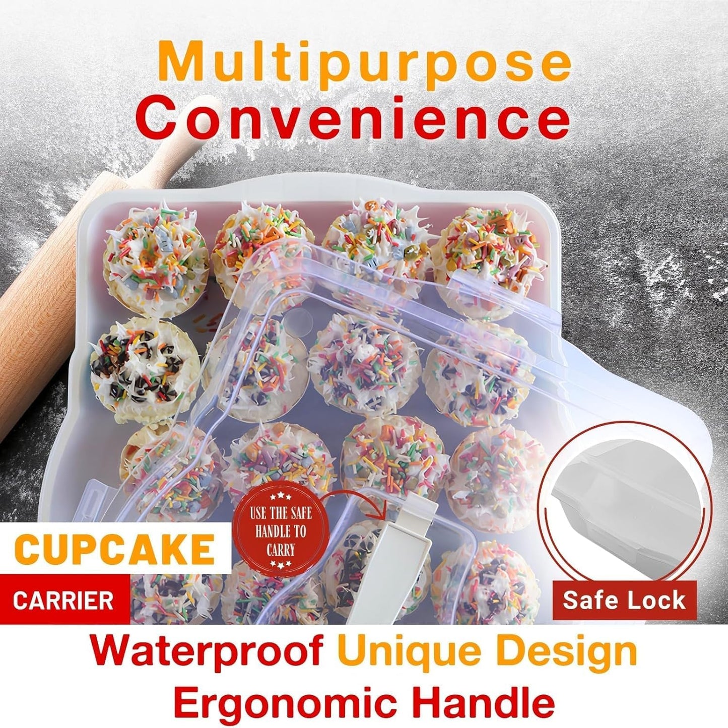 Cupcake Cake Muffin Tray Carrier, 4 in 1 Casserole Containers Holder with Lid, Pie Cupcake Carrier 24 Count, Travel Storage, Versatility Round Square Rectangular Oven Tray Carrying (Dark Grey)
