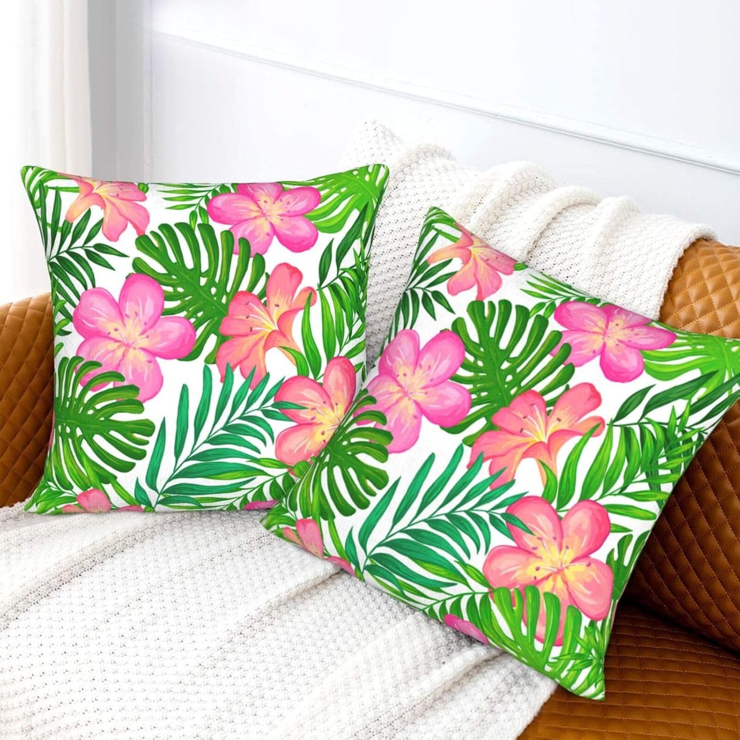 Plumeria Flowers and Palm Leaves Throw Pillow Cover 18x18 Inch Tropical Theme Decorative Pillow Cases Soft Throw Pillows for Living Room Bedroom Sofa Couch Cushion Cover Set of 2 BST220