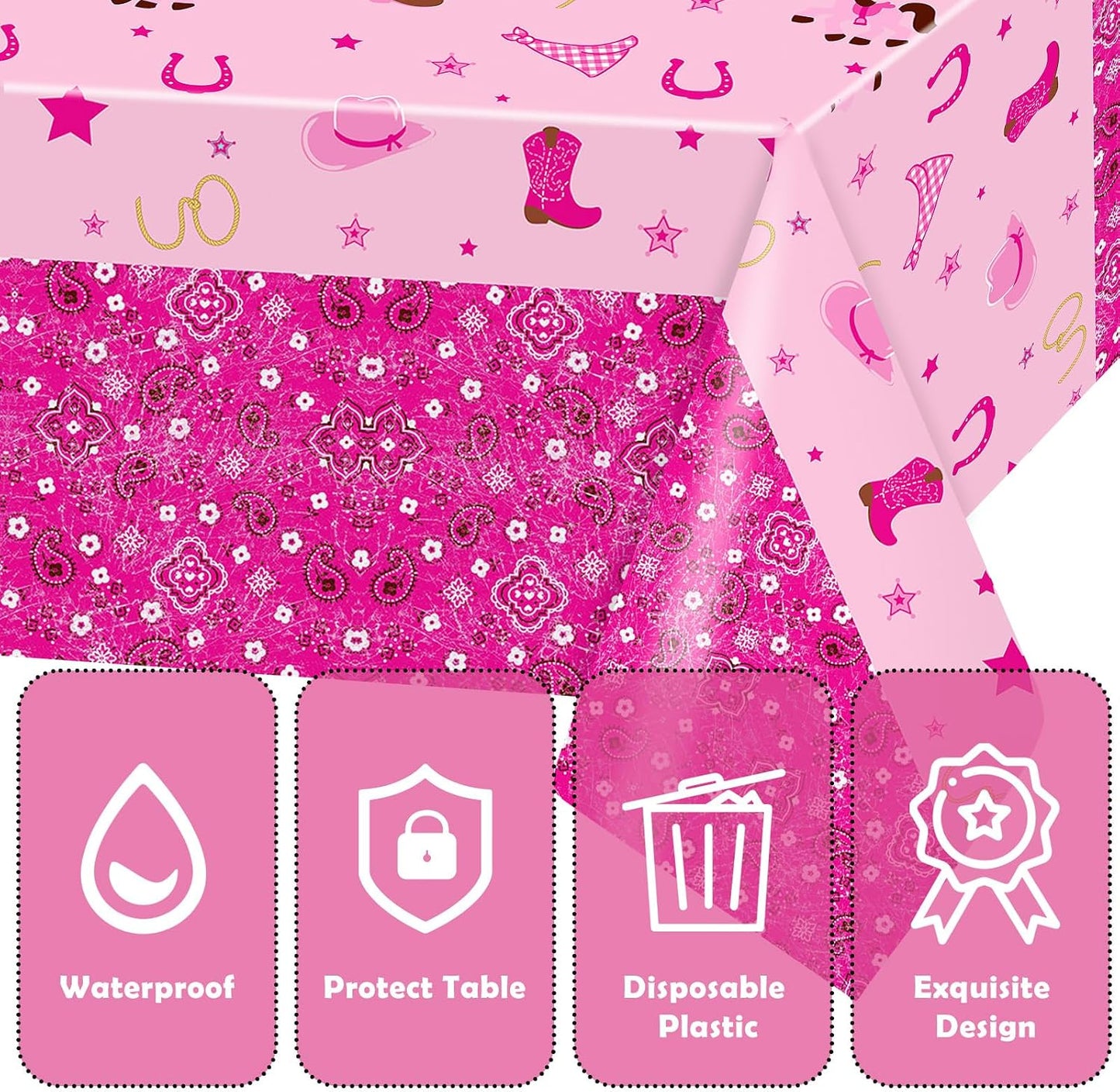 Domgoge Cowgirl Table Cloths Western Cowgirl Plastic Table Covers Pink Felt Horse Tablecloth Rectangular Tablecloth Disposable Waterproof Table Cloth Cover for Girls Birthday Party Supplies, 2pcs WN420