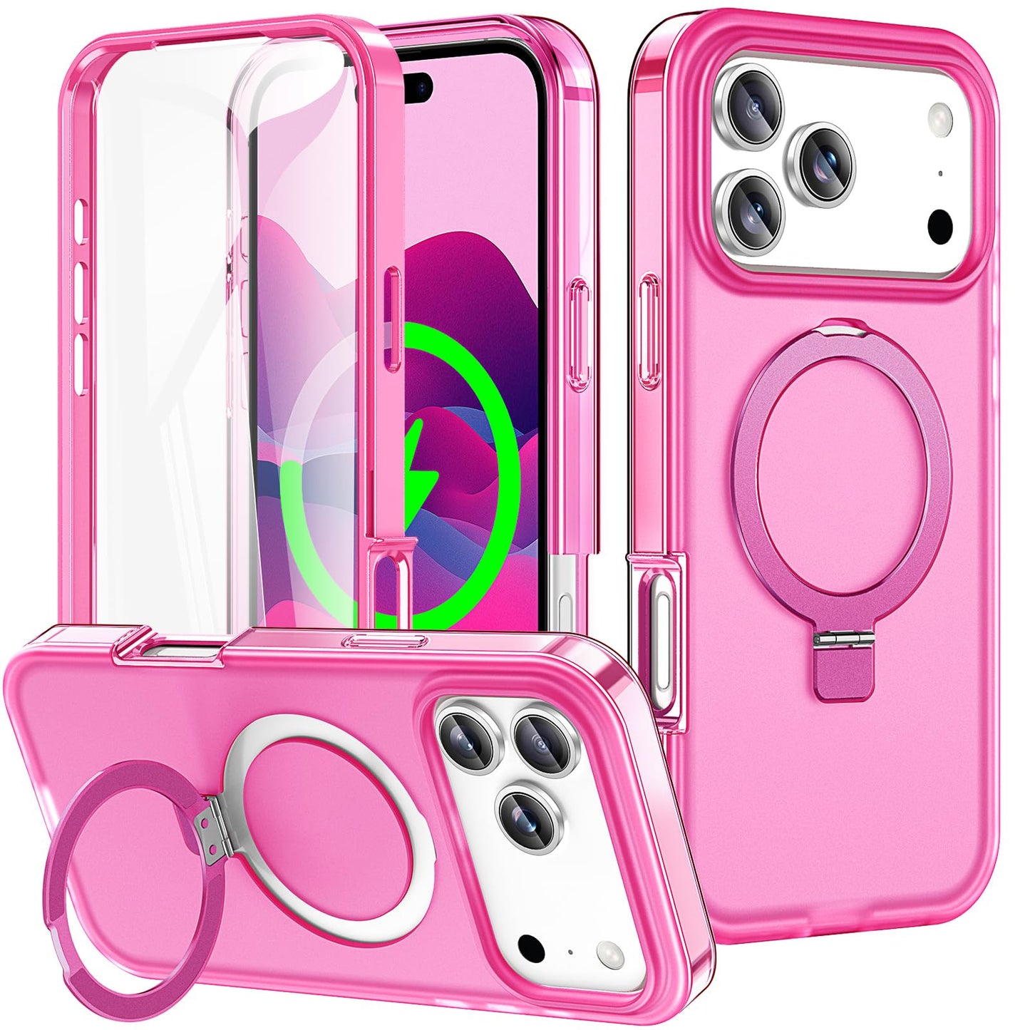 for iPhone 13 Pro Full Body Shockproof Case with Magnetic Invisible Stand [Compatible with MagSafe] Built-in Screen Protector Military Drop ProtectionTranslucent Phone Cover -Hot Pink WN420