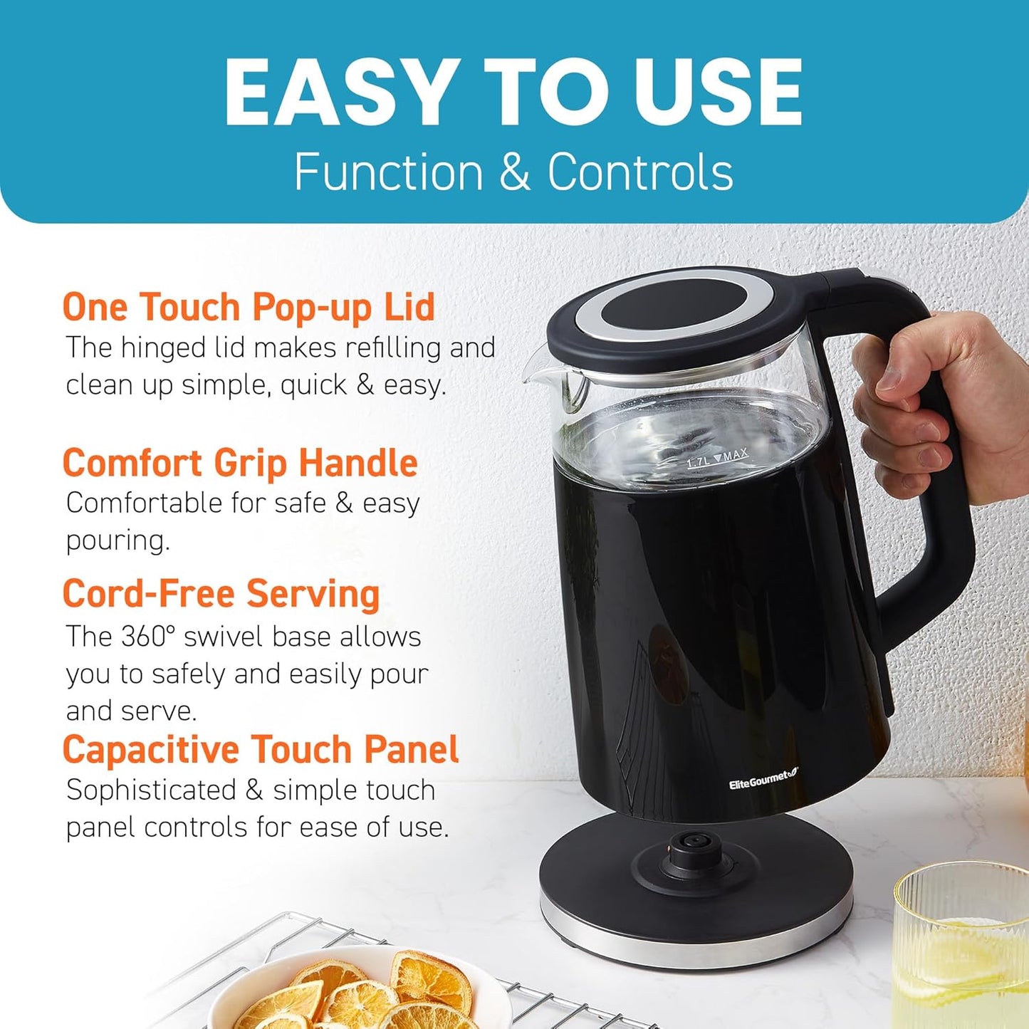 Elite Gourmet 1.7L Dual Wall Cool Touch Electric Tea Kettle 50