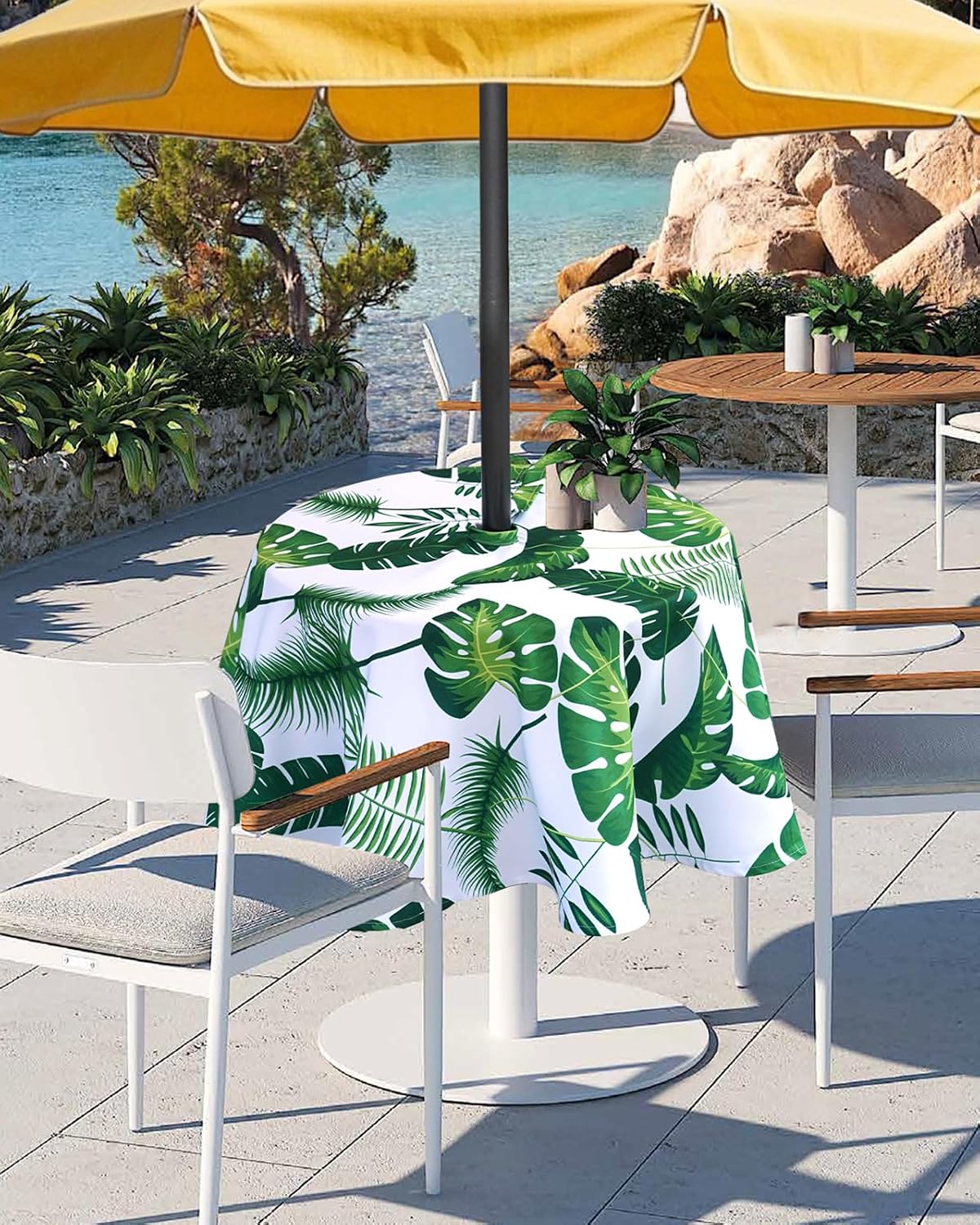 Eternal Beauty 52” Round Tablecloth Waterproof Outdoor Tablecloth with Umbrella Hole Zipper for Spring Summer Patio Picnic Tables (Tropical Palm Leaf) BST326H