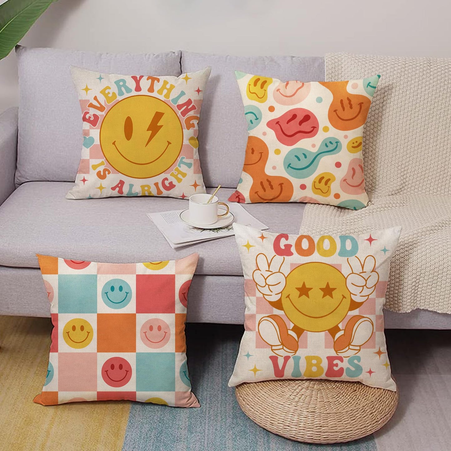 Groovy Smiling Face Inspirational Decorative Throw Pillow Covers | 20 x 20 Set of 4, Pink Hippie Smile Flower Porch Outdoor Home Decor, Motivational Quote Everything is Alright Couch Cushion BST202