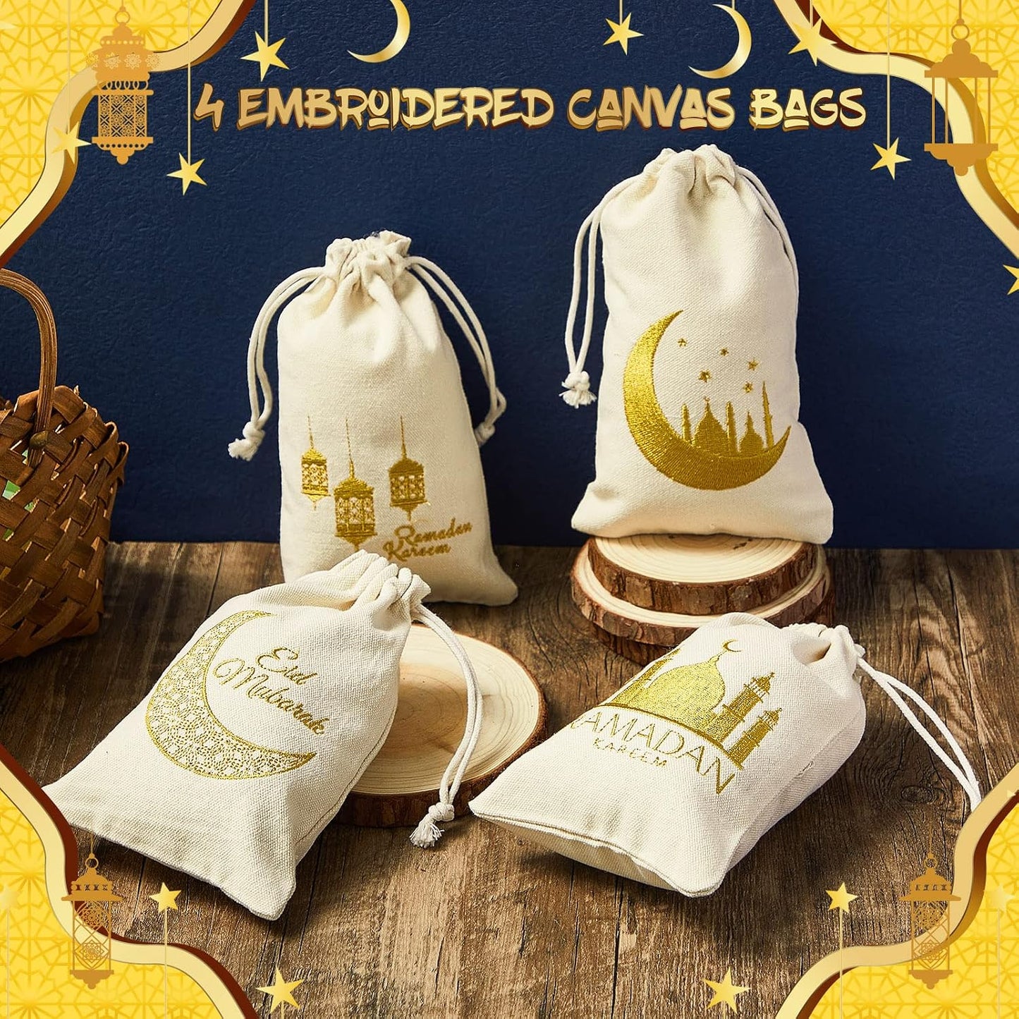 Photect 50 Pcs Islamic Burlap Bags Eid Al-adha & Qurbani Islamic Gift Bags Small Drawstring Pouch for Muslim Eid Al-adha Party Decorations, 4.7 x 7.8 Inch BST202