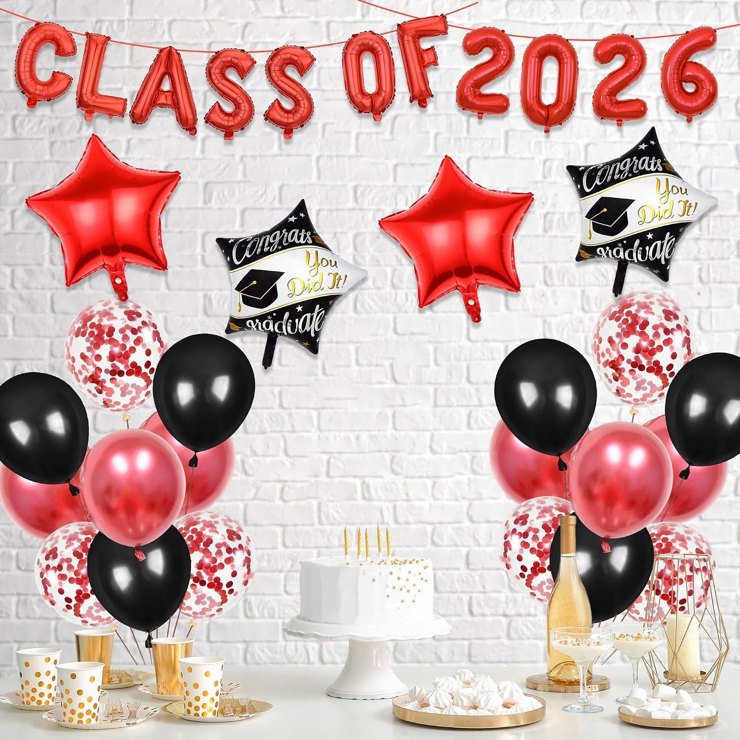 Graduation Party Decorations 2026 Balloons - 27 Pcs Red Black Class Of 2026 Banners Foil Graduation Cap Star Balloons Latex Balloon Set For High School College Graduation Party Decor Supplies BST326L