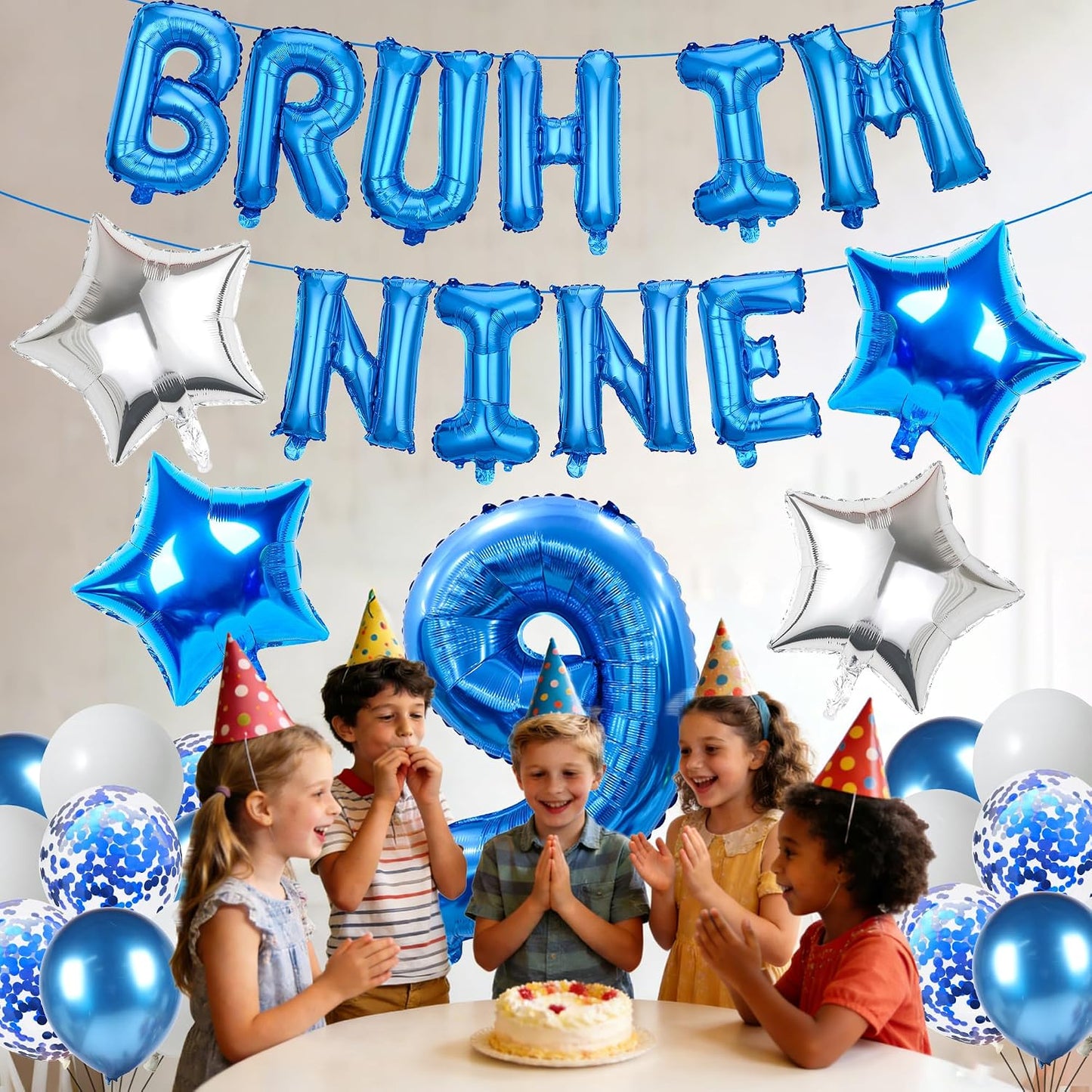 9th Birthday Decoration Balloon Banner - 33 Pcs Blue Bruh Im Nine Letter Banners Number 9 Star Foil Latex Balloons for Boys And Girls Happy Birthday Celebration Party Decor Supplies BST326L
