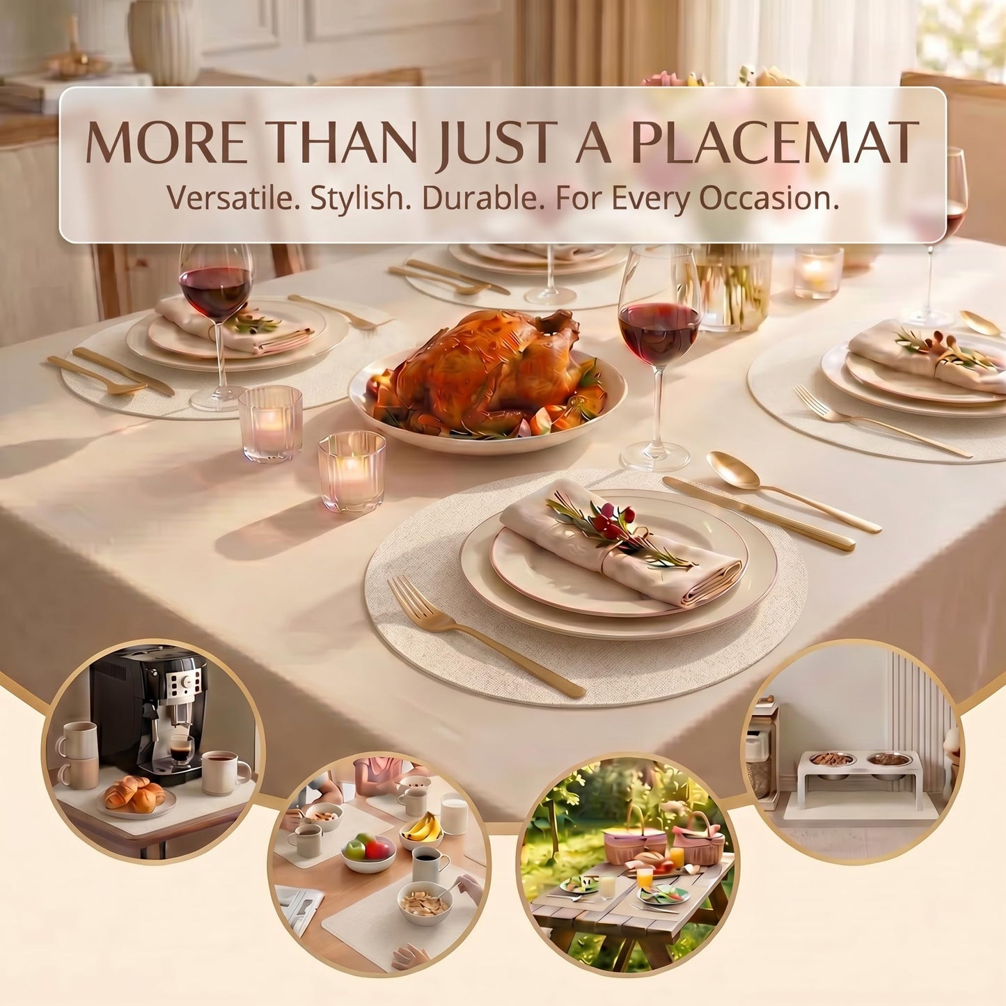Faux Leather Placemats Set of 6, Wipeable Waterproof Stain Resistant Table Mats, Heat Resistant Thick Placemats with Hand-Painted Edges for Kitchen Dining, Imitative Linen Texture, Various Shapes BST326H