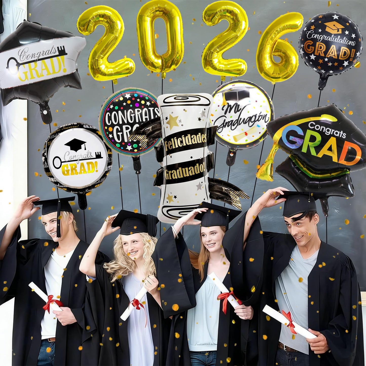 Graduation Balloons Congrats Grad Balloons Gold and Black Balloon for 5th Grade Graduation Decorations Grad Party Decorations 2026 BST326L
