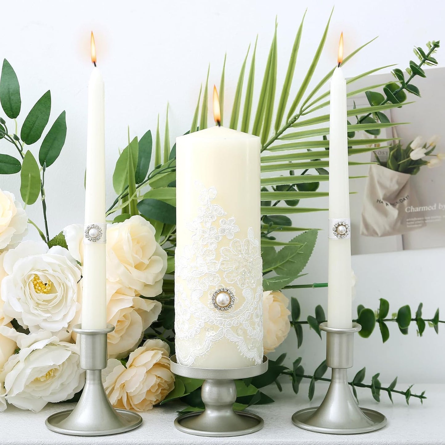 Unity Candle Holder - Unity Candle Holders for Weddings, Metal Unity Candlestick Holder Set of 3, Decorative Unity Candle Stand for Wedding Ceremony Table Centerpiece Decoration Gift (Silver) BST202