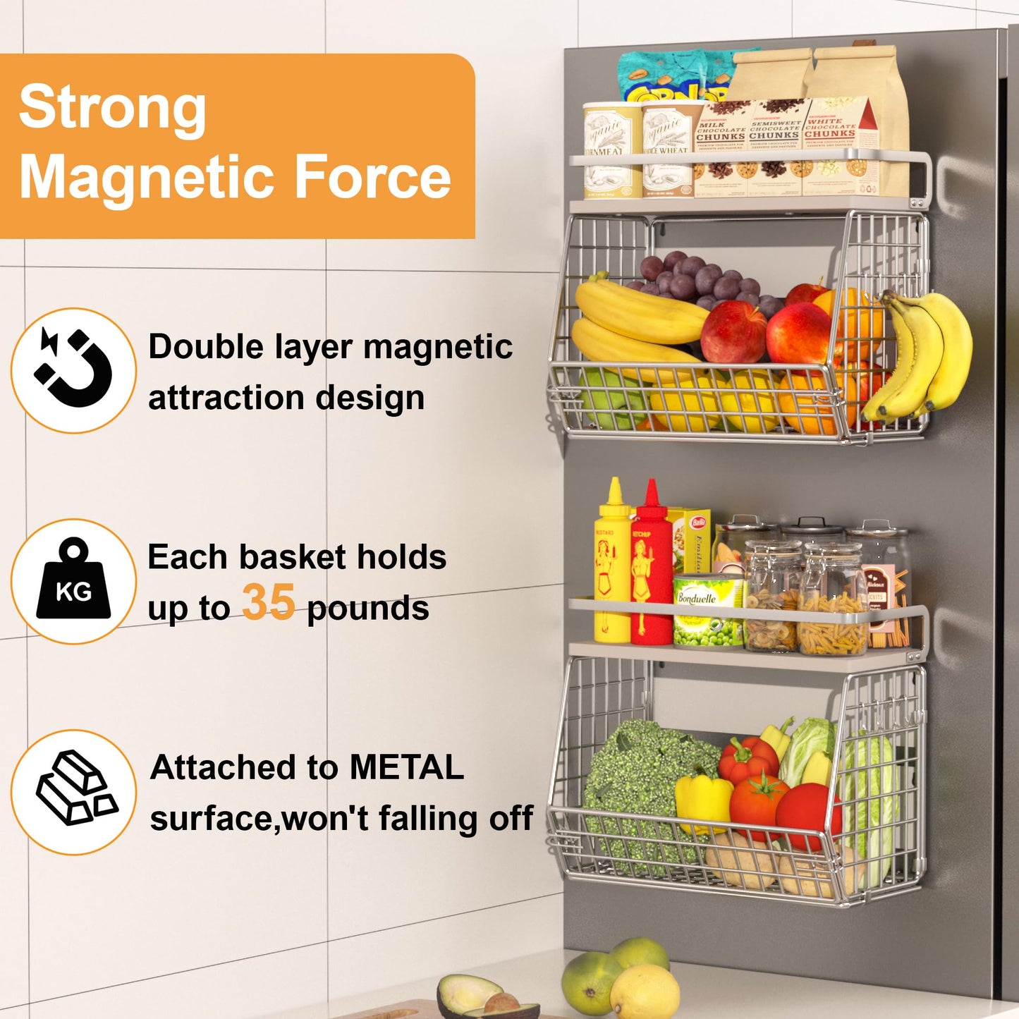 Magnetic Shelf for Fridge,Hanging Wall Basket for Potato Onion Fruit and Vegetable Storage Bins,Large Produce Container Magnetic Spice Rack for Refrigerator Kitchen Counter Pantry,Black BST220