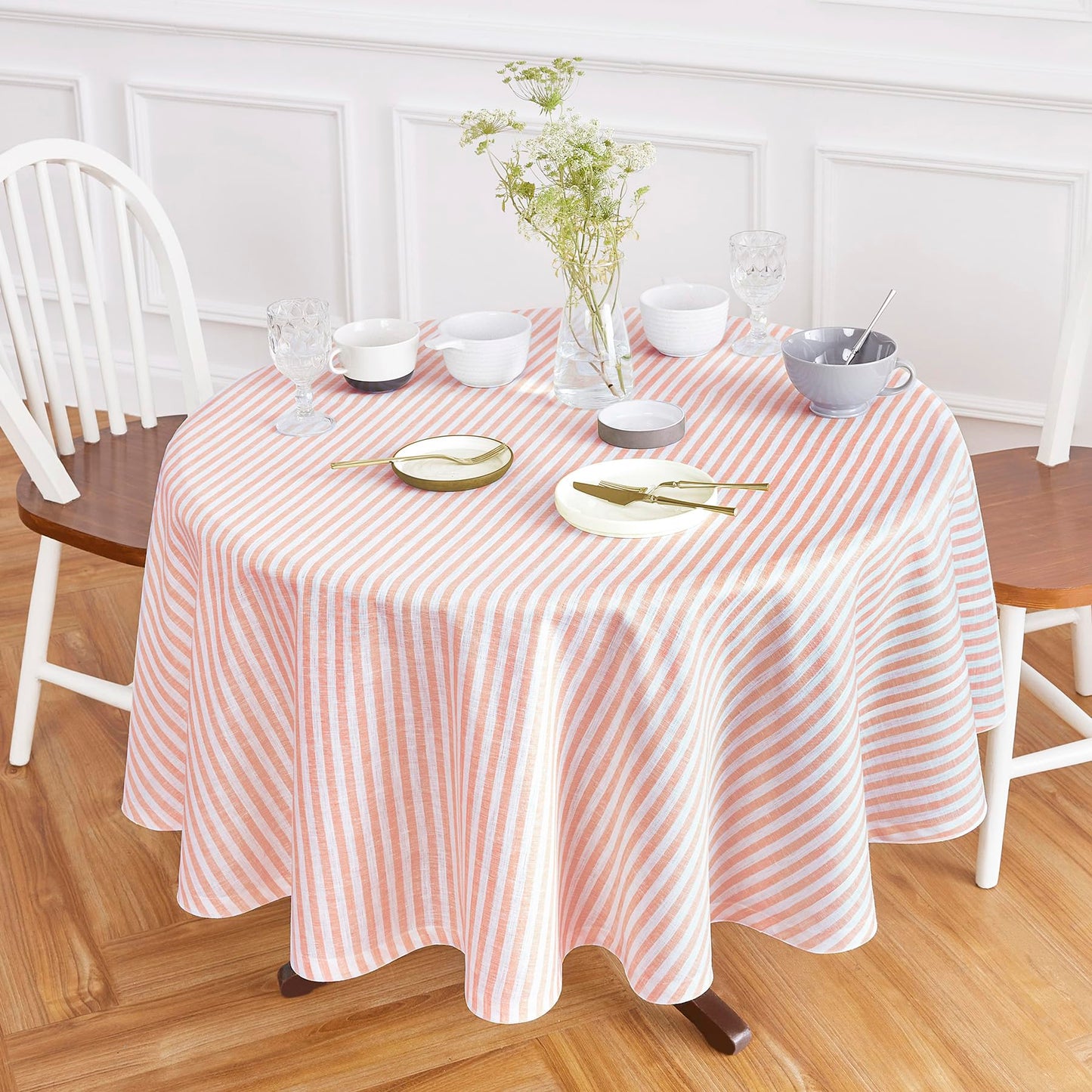 Solino Home 100% Linen Table Cloth, Throw, 52 x 52 in, Coral, Amalfi Stripe | Striped Linen Tablecloth a neat topper for bistro, card and side tables | Coral and White | Pure Linen | OEKO-TEX Certified BST326SOLH