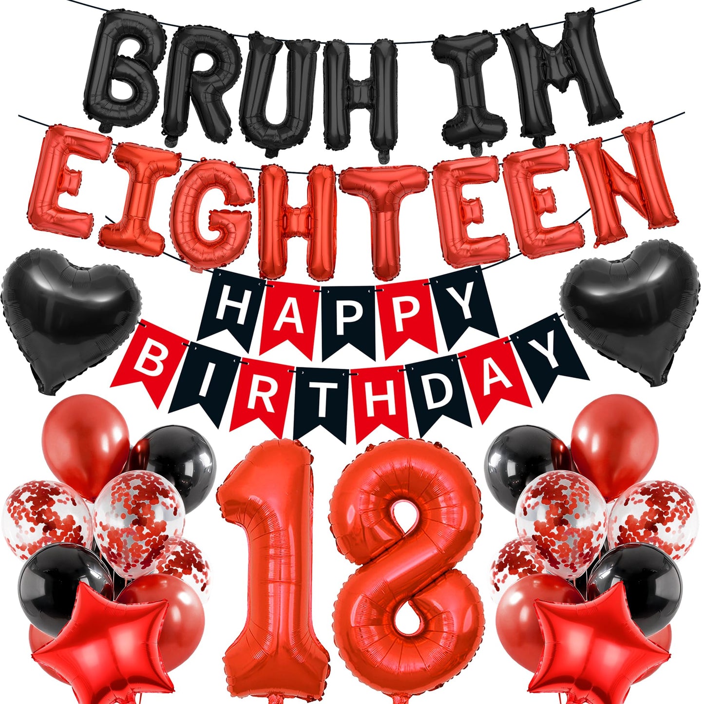 9th Birthday Decorations Boys Kit - 27 Pcs Red and Black Bruh Im Nine Balloon Banners Happy Birthday Fishtail Flags Number 9 Balloon Star Heart Balloons Set for 9 Year Old Party Decoration Supplies BST202
