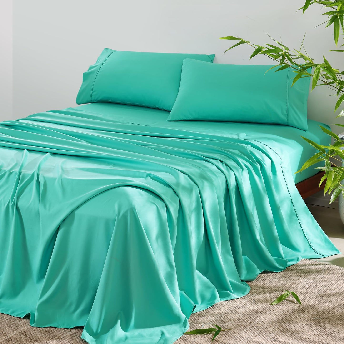 4 Piece Twin Size Sheet - Cooling Bed Sheets Set, Blend Rayon Derived from Bamboo, Breathable Soft Hotel Luxury Bedding & Pillowcases, Silky Fit 16 inch Extra Deep Pocket, Oeko-Tex - Olive Green BST326H