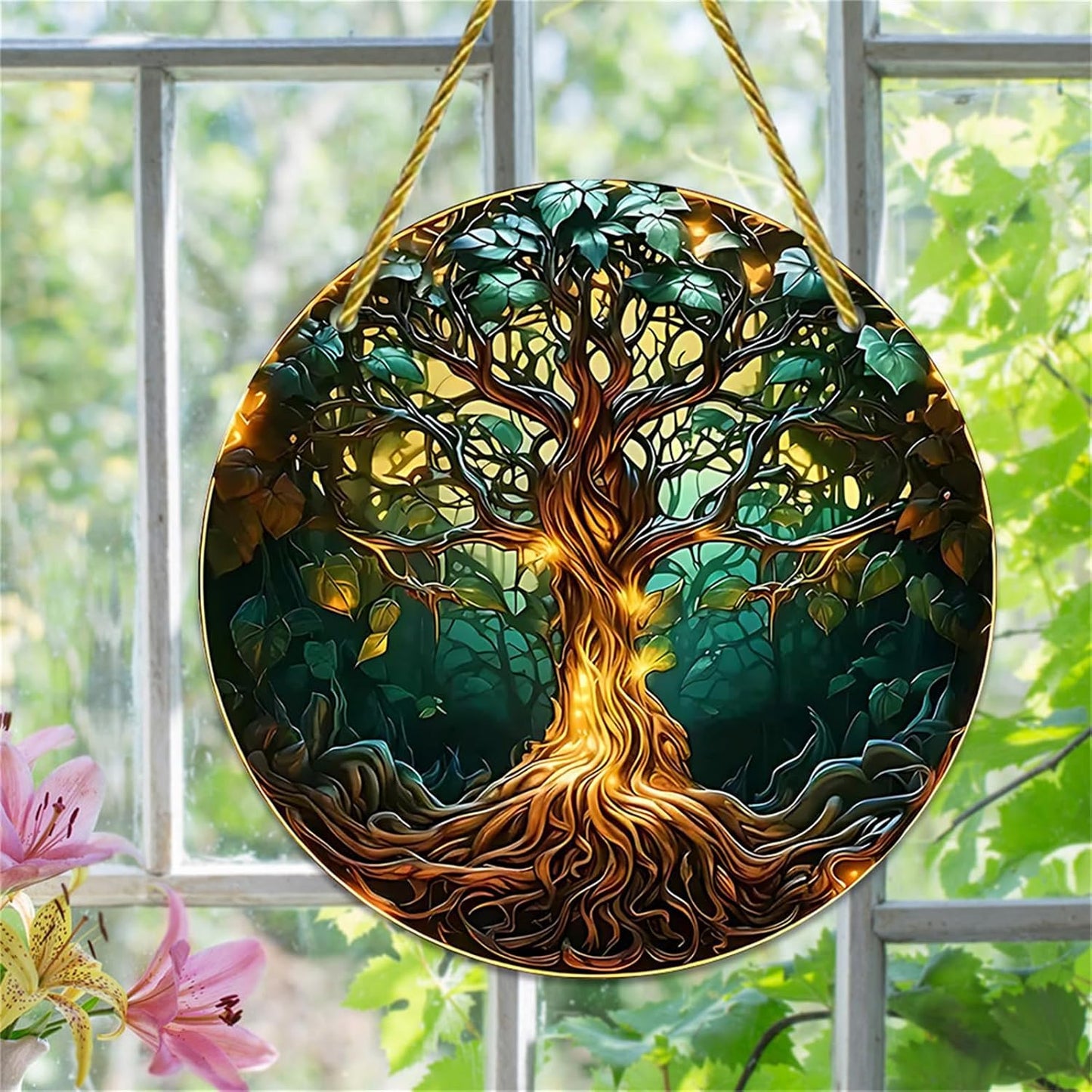 Tree of Life Suncatcher for Windows Large Round Stained Window Hanging Acrylic Panels Bedroom Garden Kitchen Wall Decor Gifts for Women Mom Grandma Teacher, Coloured BST220