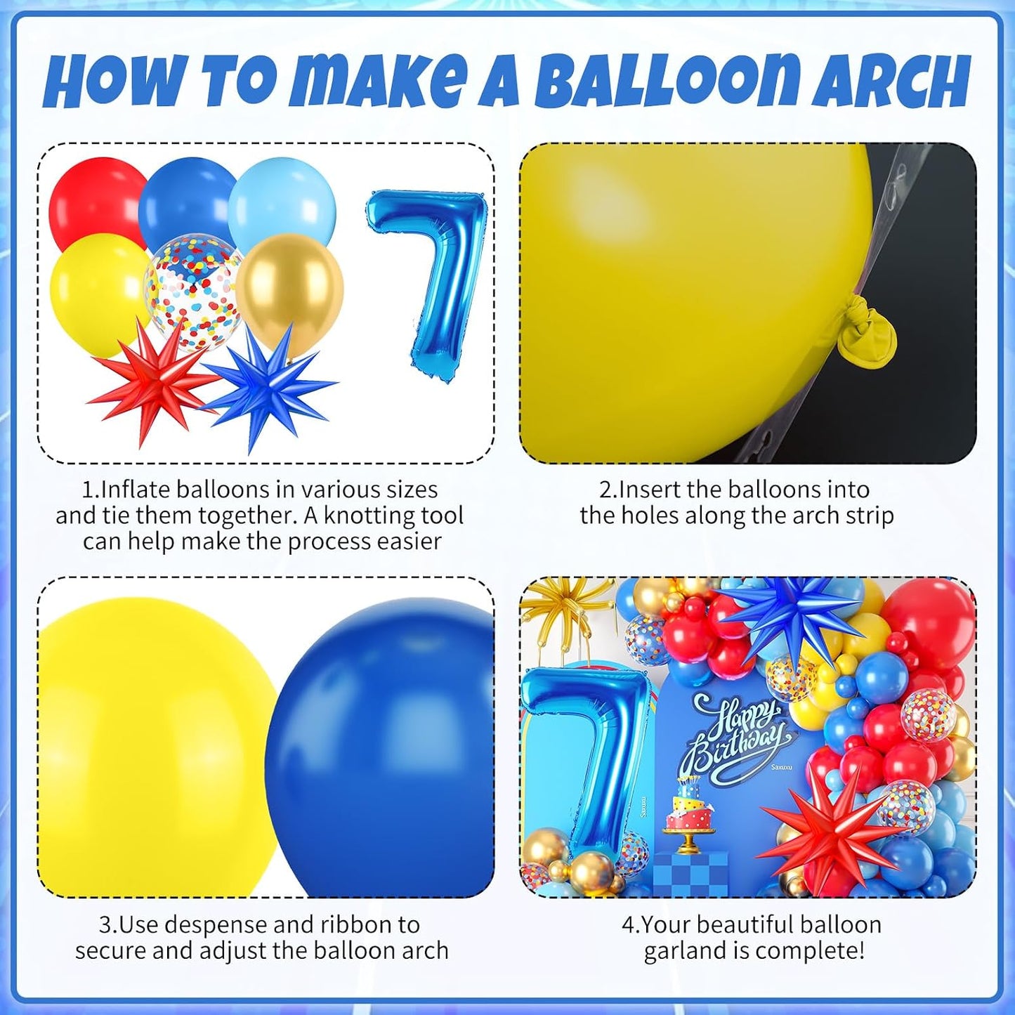 Red Yellow Blue Balloon Garland Arch Kit with Navy Blue 40 Inch Number 7 Balloon, 7th Birthday Decorations for Boy with Star Foil Balloons for 7 Year Old Theme Party Baby Shower Graduation WN420