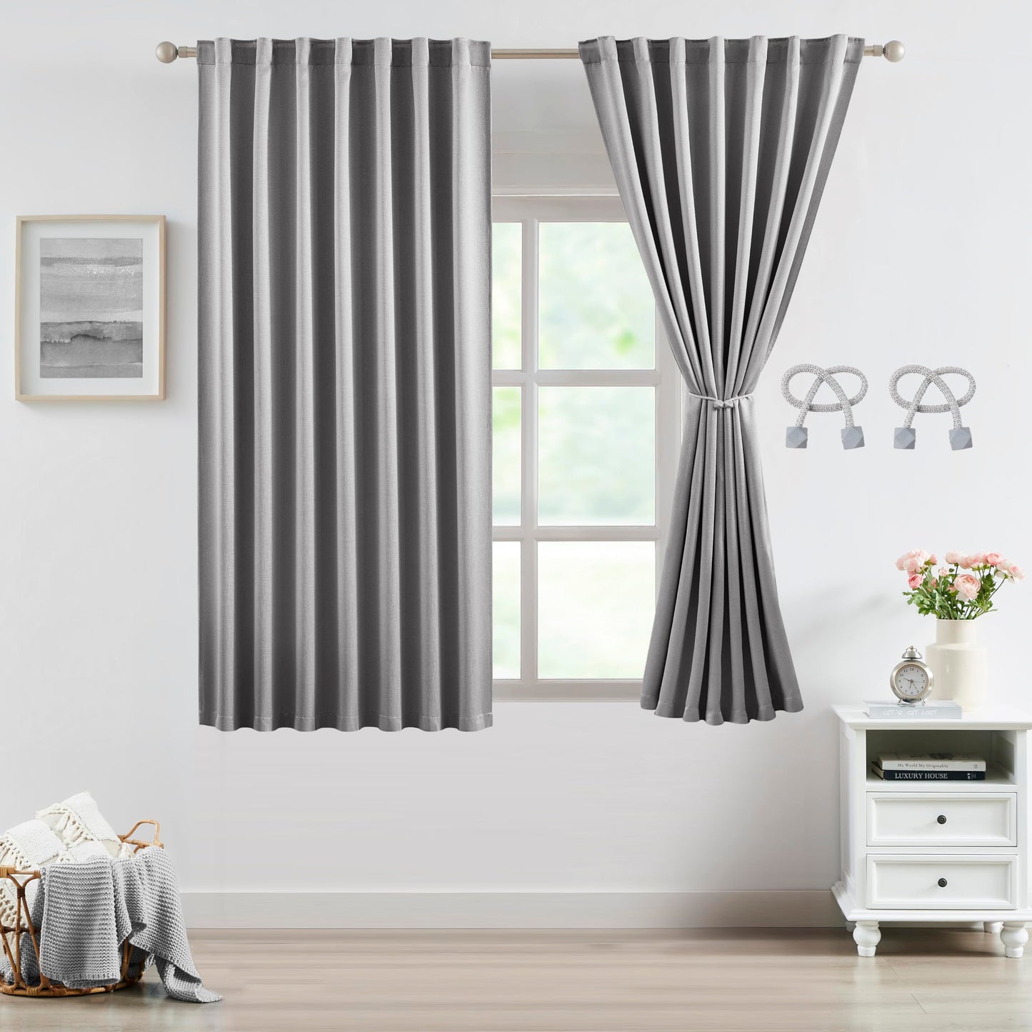 Bujasso Gray Jacquard Blackout Window Curtain Panels, 54" Wx84 Lx2 | Back Tab Rod Pocket with Magnetic Tiebacks,Thermal Insulated,85% Room Darkening Light Blocking Drapes for Bedroom Living Room BST326H