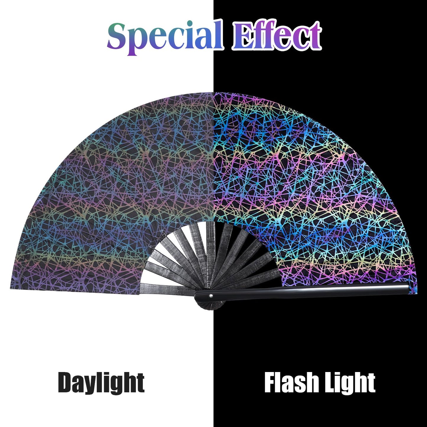 FairySandy Large Rave Fan UV Glow Clack Summer Hand Fan with Thigh Holster for Women Carnival Party Supplies for Carnival Edm Music Festival Club Accessories(Cool Style,Black) WN420