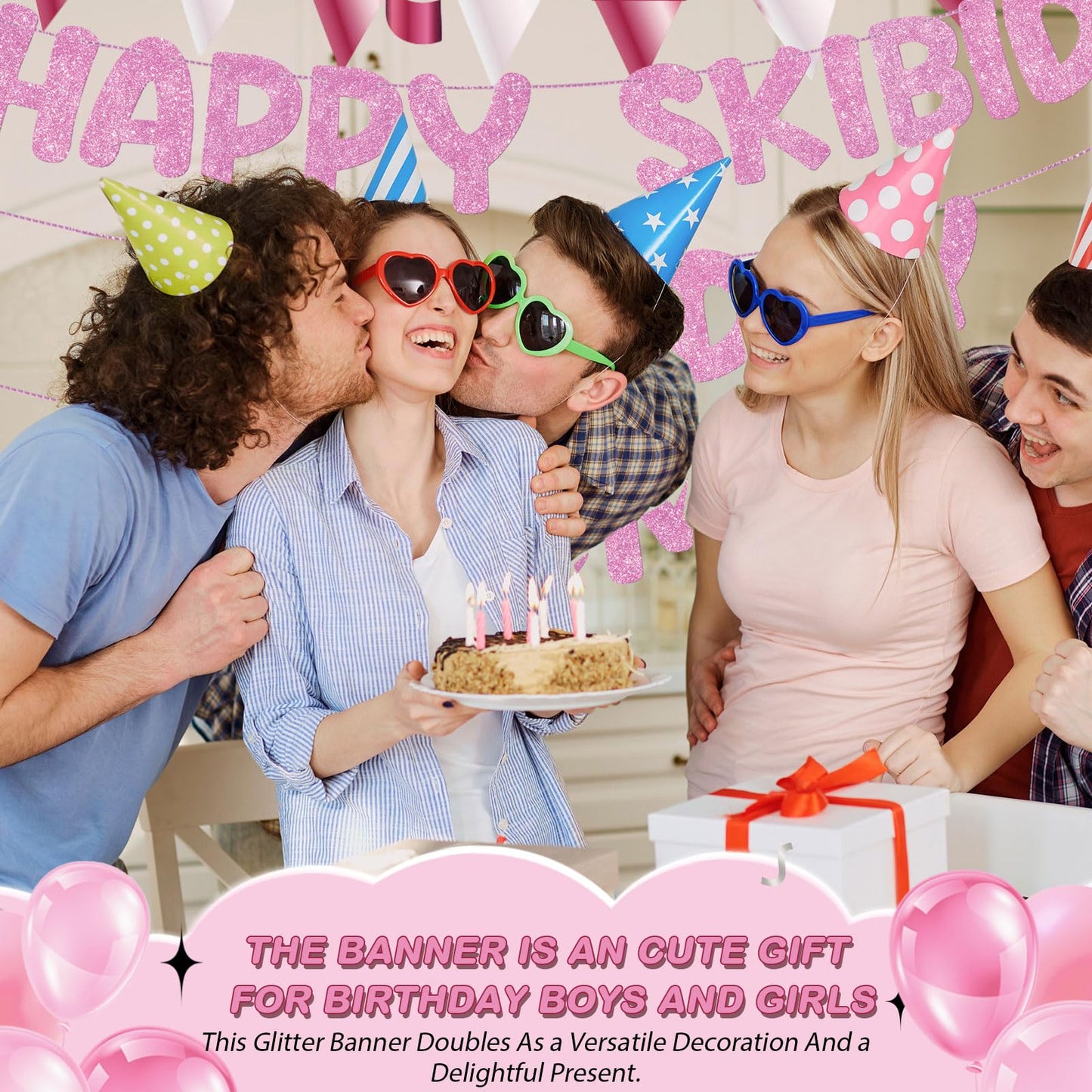 Fulmoon Pre Strung Happy Skibidi Birthday Sigma Banner Glitter Funny Zoomer Gen Z Slang Birthday Party Supplies Gen Z Slag Party Decorations Sign Gift(Champagne Gold) WN420
