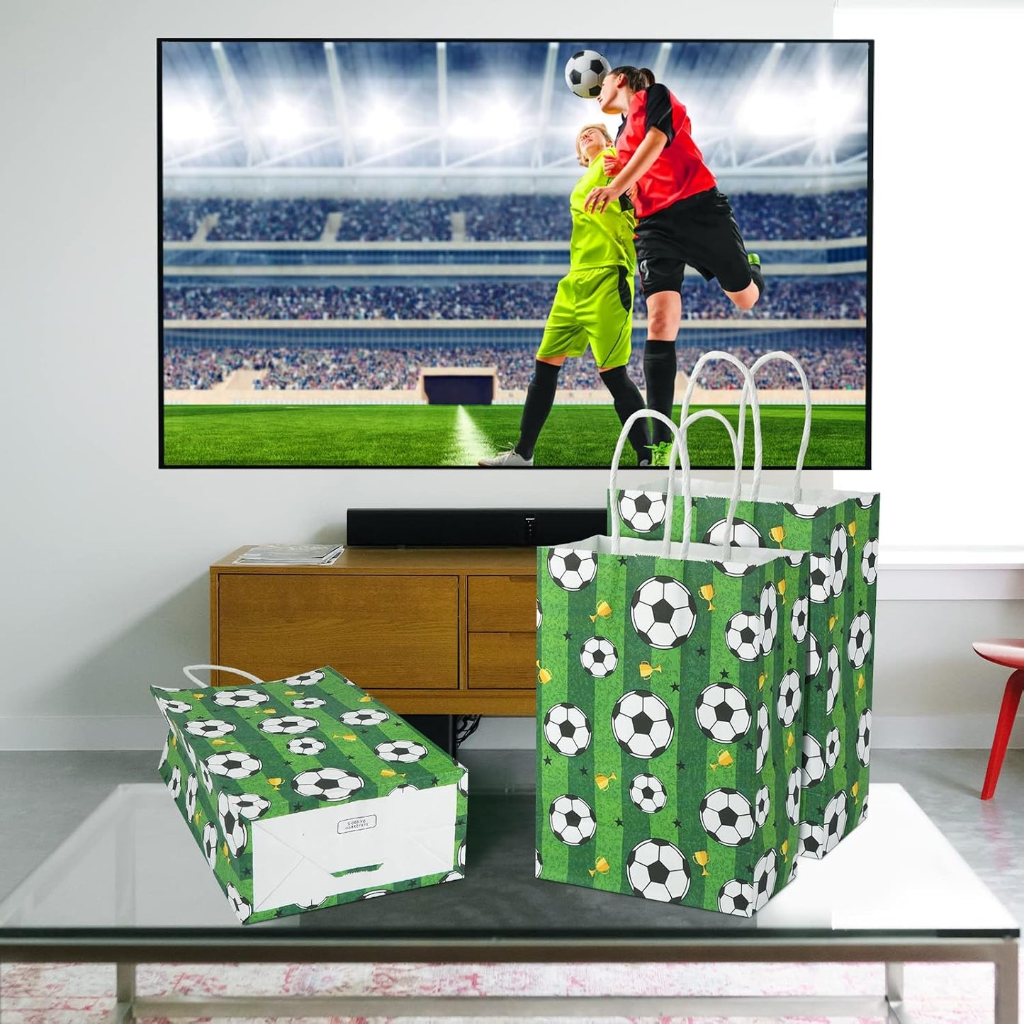 16pcs Soccer Party Favor Paper Bags - Green Football Gift Bags with Handles for Kids & Adults Team Soccer Party Goodie Snacks Treat Supplies WN420