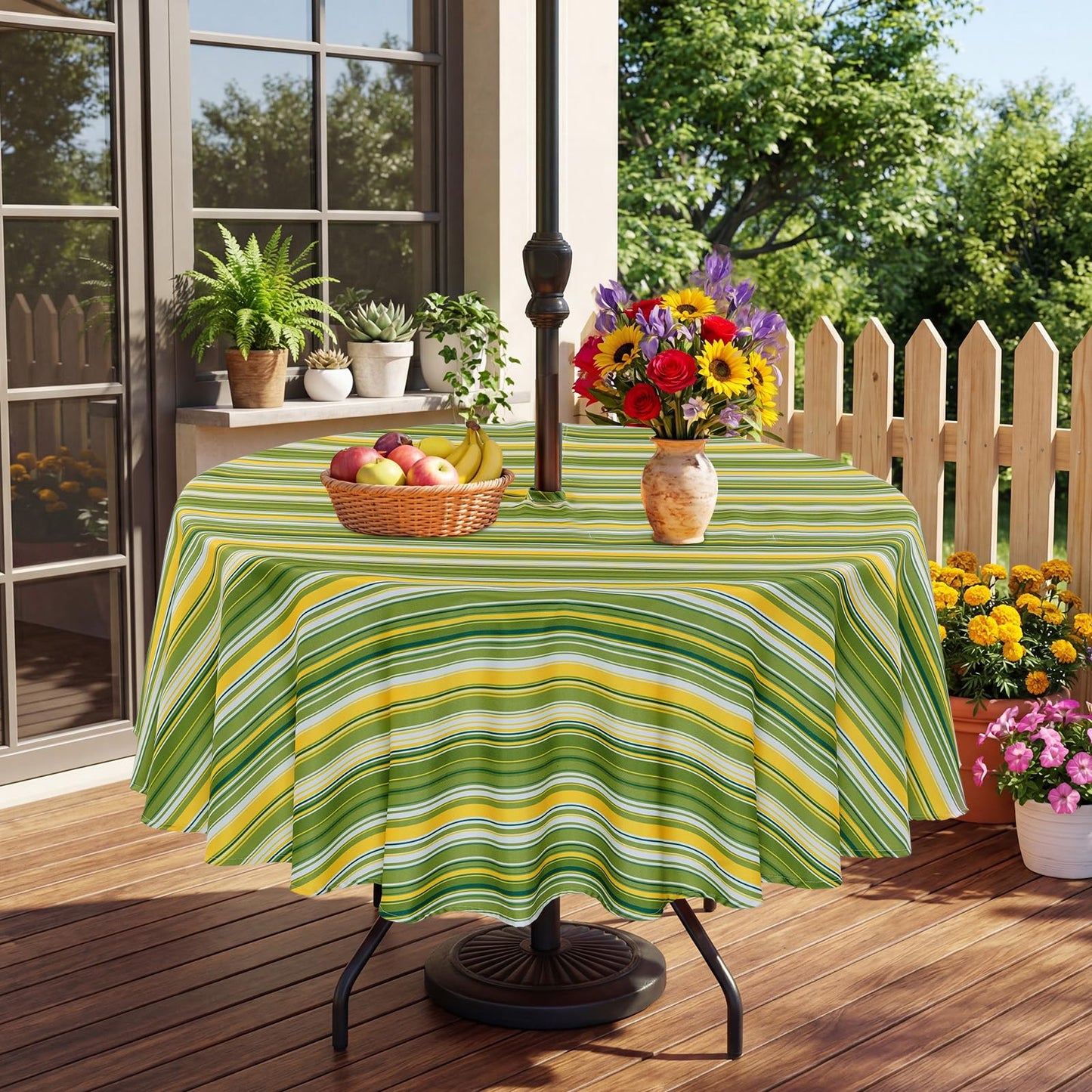 Eternal Beauty 52” Round Tablecloth Waterproof Outdoor Tablecloth with Umbrella Hole Zipper for Spring Summer Patio Picnic Tables (Tropical Palm Leaf) BST326H