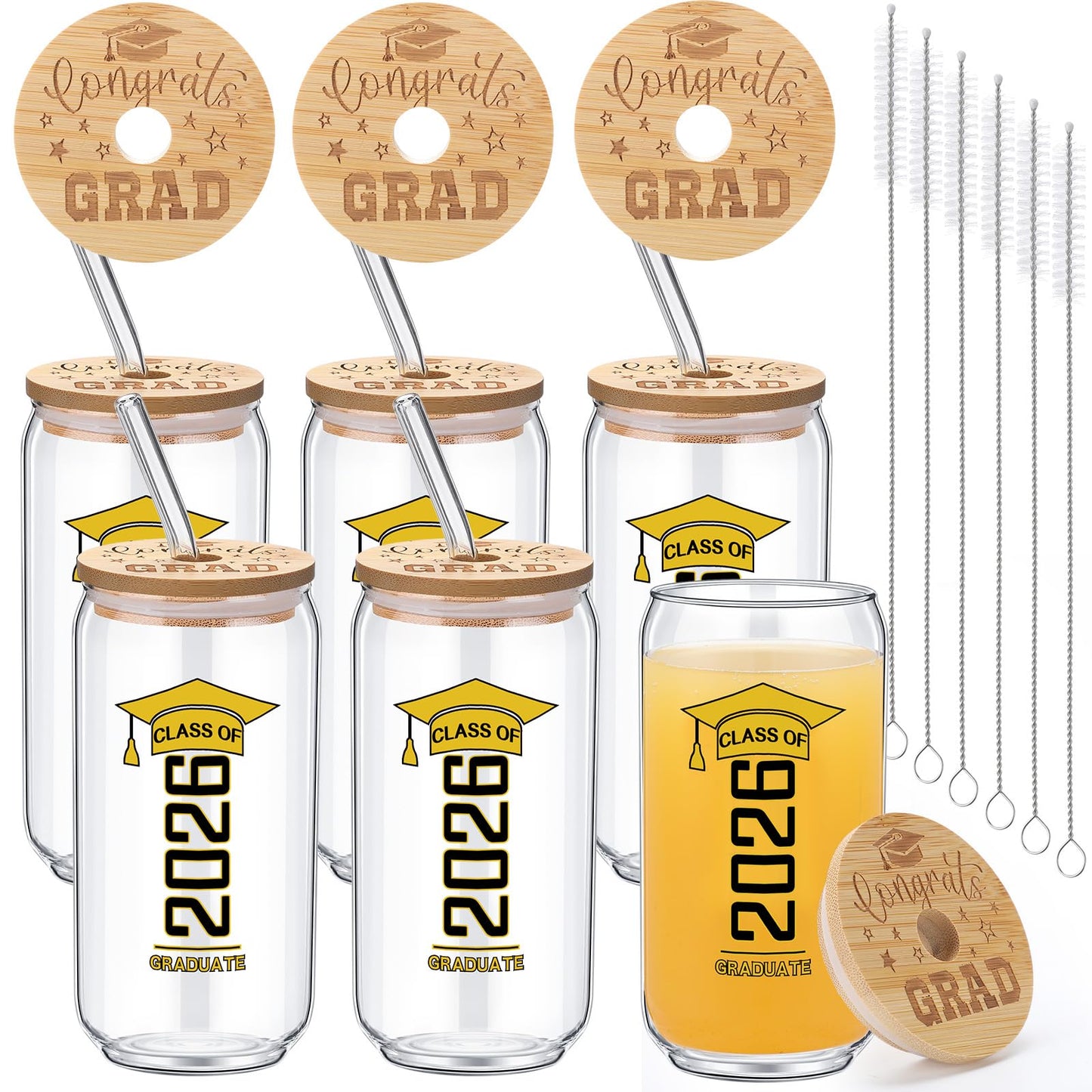 6 Pcs Red and Blue Class of 2026 Graduation Gifts Graduation Glass Cup with Lids Straw 16oz Congrats Grad Coffee Mugs for Her Him Men Women Middle & High School College Tumbler Party Favor BST326H