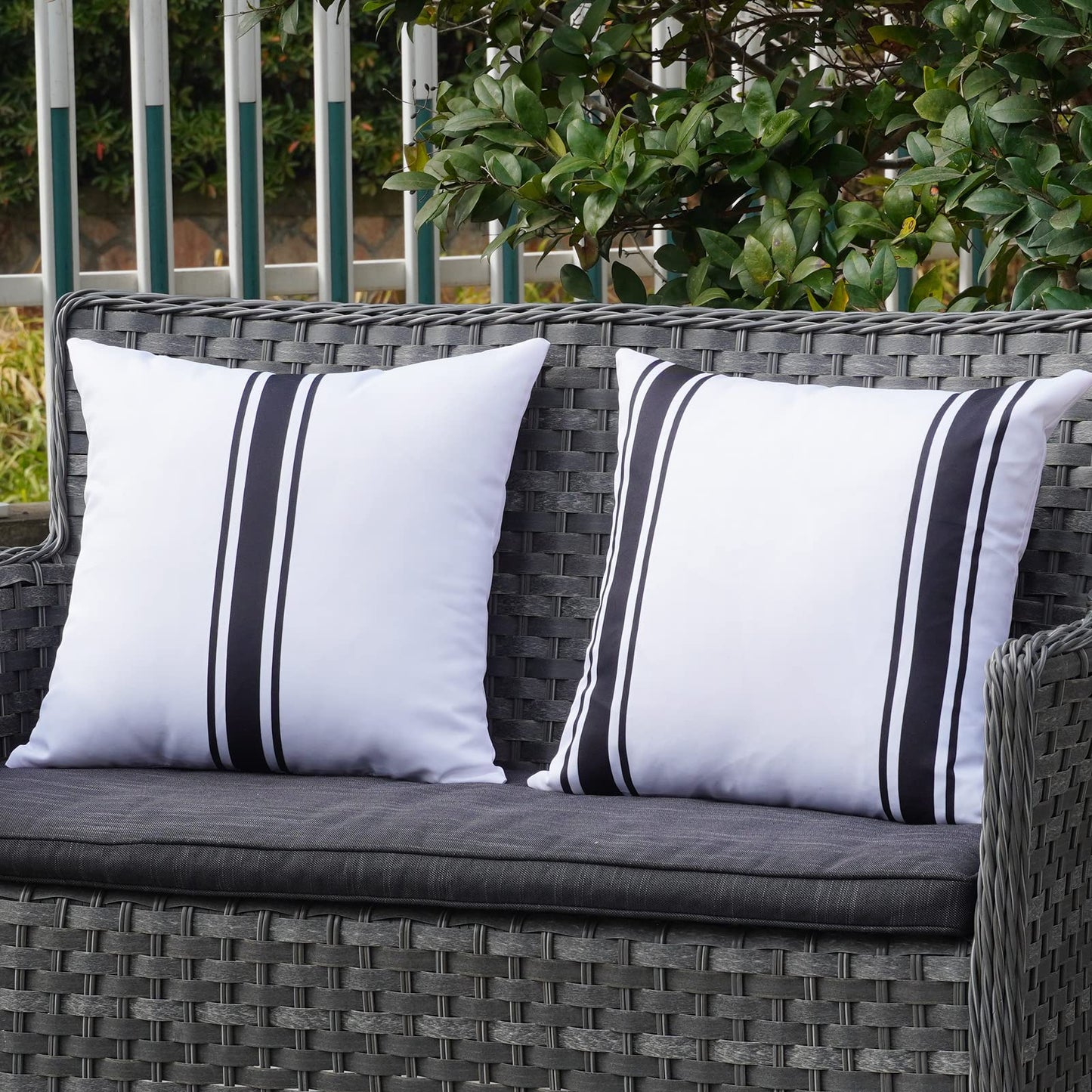 ONWAY Outdoor Pillow Covers Waterproof 18x18 Set of 2 Decorative Linen Throw Pillow Cover Beige and Black Striped Outdoor Pillows for Patio Furniture BST220