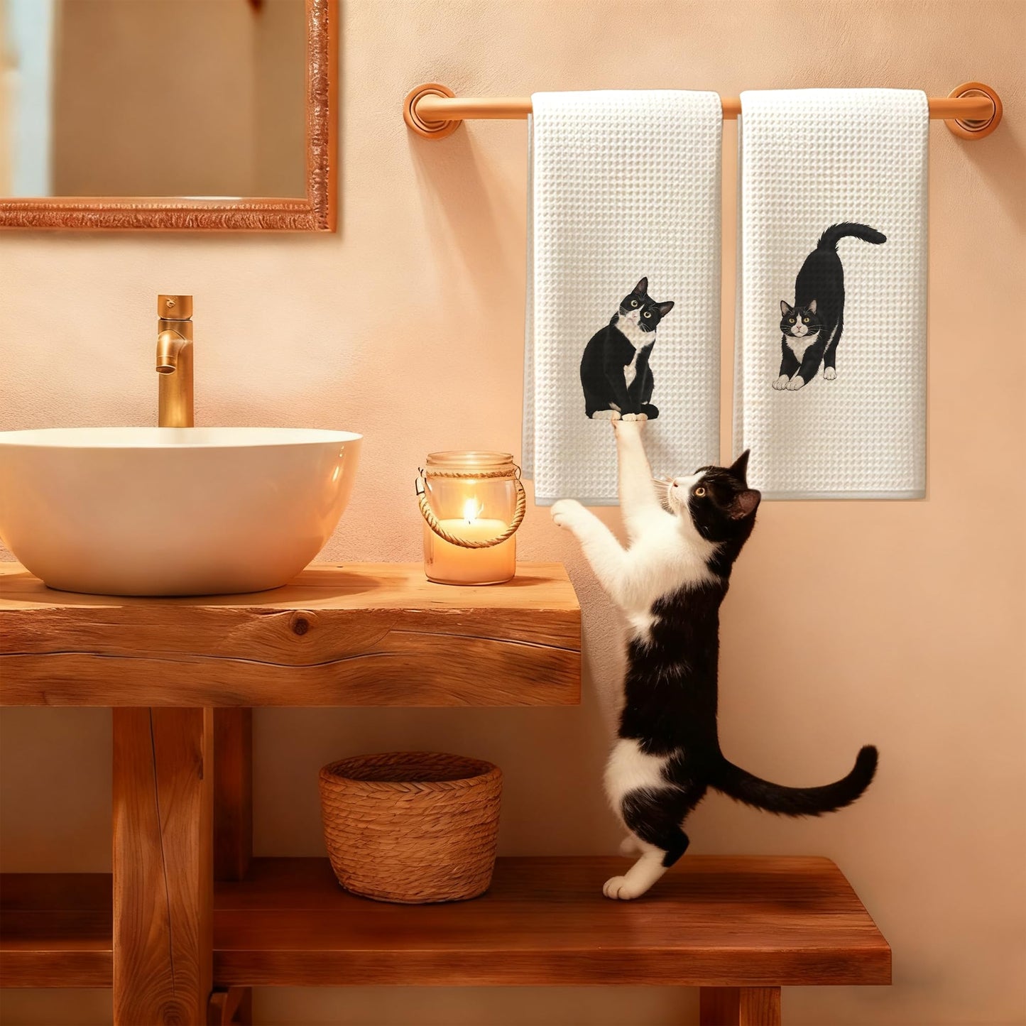 Blue and White Chinoiserie Orange Cat Bathroom Hand Towels, Orange Cat Gifts, Funny Oriental Kitty Decorative Hand Towels Bathroom Restroom Washroom Yoga Spa Zen Decor, 16x24 Inch BST326L
