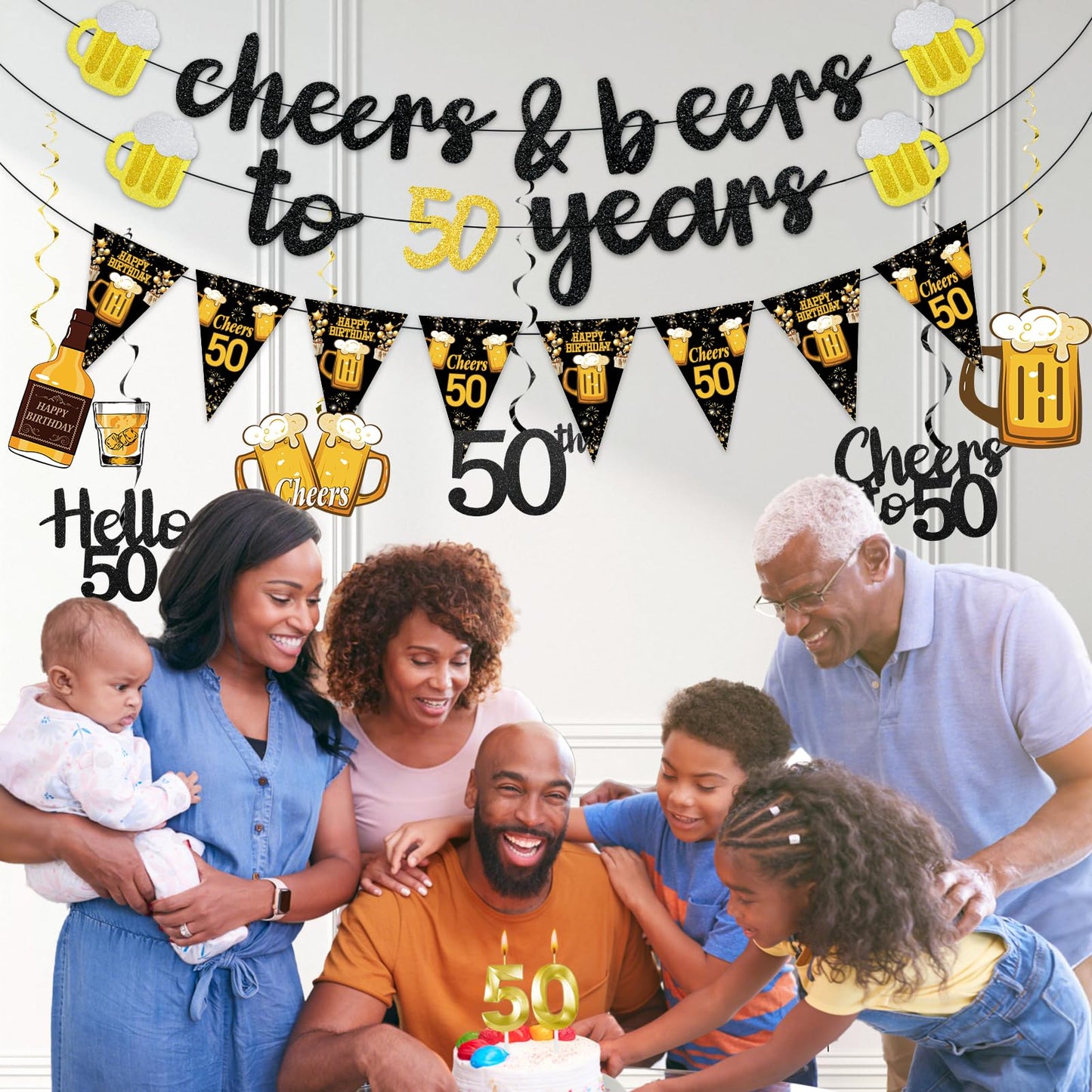 Black Gold 90th Birthday Decorations for Men Women, Glitter Pre-Strung Cheers to 90 Years Banner Hello 90 Hanging Swirls Paper Triangle Flag Banner Decorations Bday Party Supplies Kit WN420