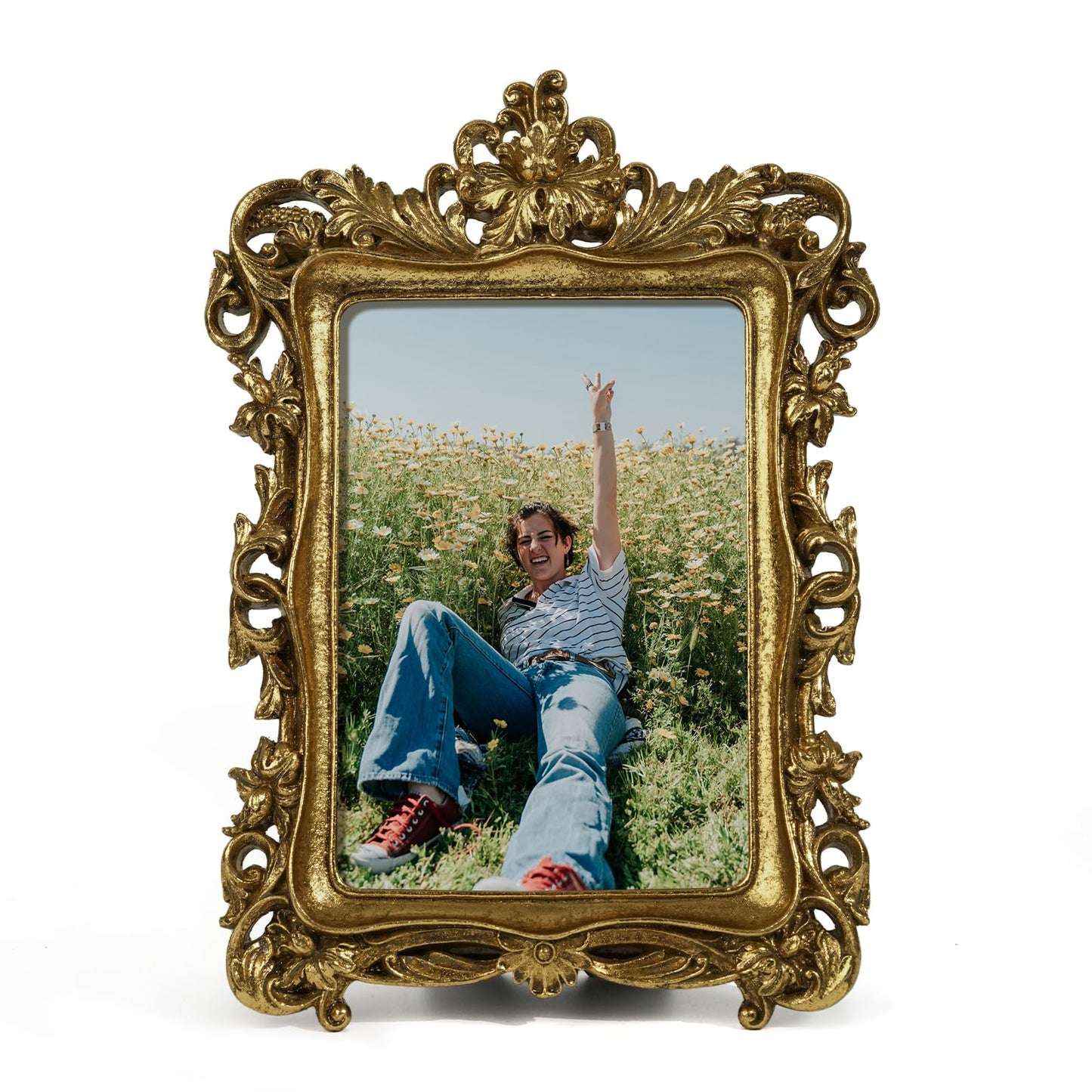 5x7 Wedding Picture Frame Gold,2 Pack Small Frame for Gallery Decor | Durable Resin Material,Tabletop & Wall Display,Real Glass,Rose Floral Design,Antique Brass Finish,Wedding Arrangement Decor BST326H