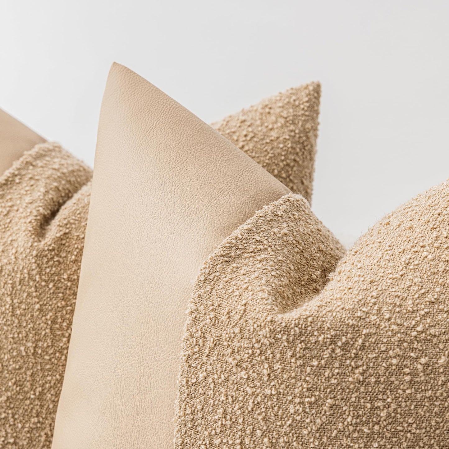 Set of 2 Fluffy Boucle Pillow Covers 18"x18", Oatmeal Textured Throw Pillow Covers with Faux Leather Accents, Boho Decorative Pillow Cases for Couch, Bed, or Farmhouse Home Decor BST220